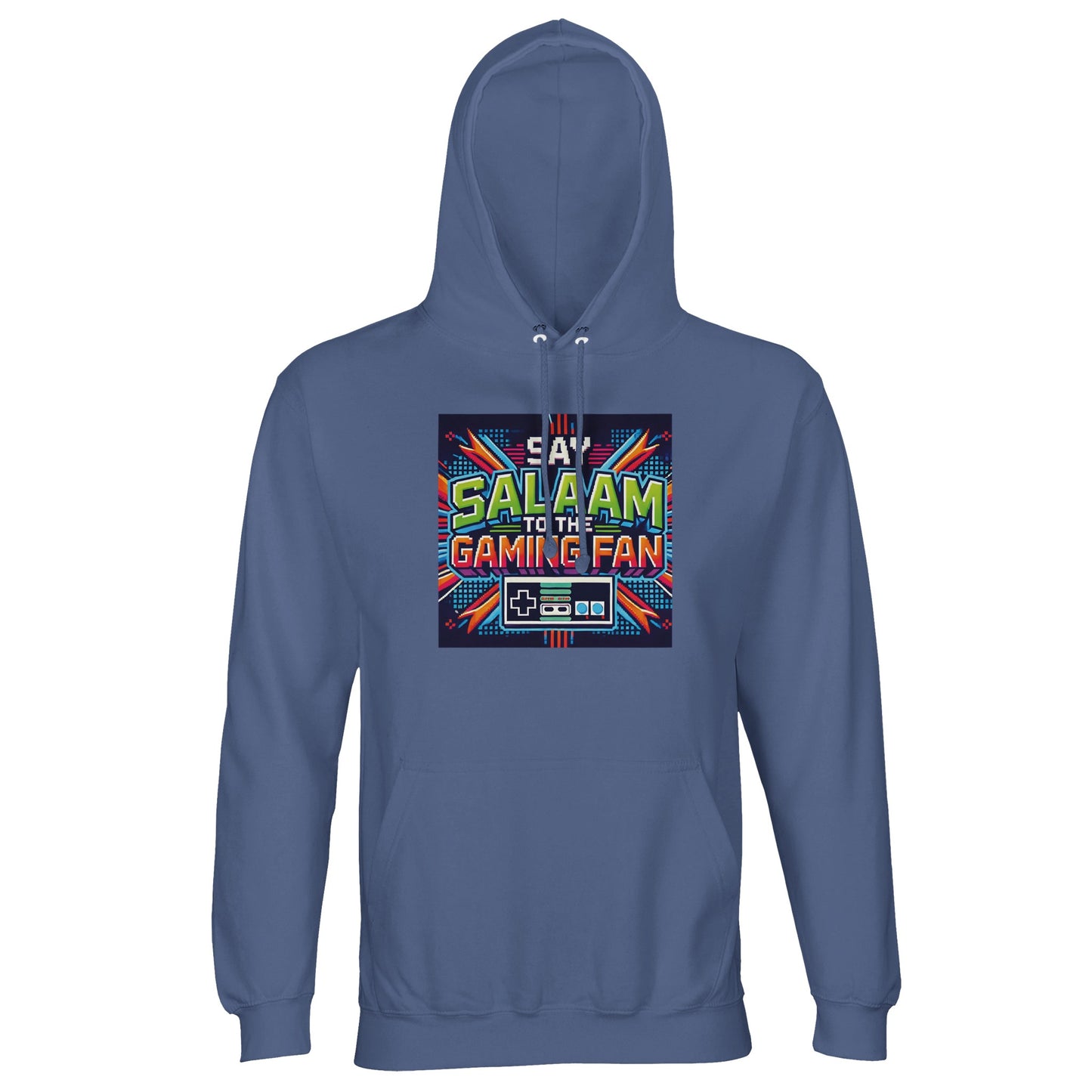Blue / Marble Blue / Blue-Grey / Waikawa Grey hoodie featuring the Say Salaam to the Gaming Fan Design #2 print. This gaming jumper reflects Islamic values of peace while celebrating retro console culture. Crafted from an 80% cotton and 20% recycled polyester blend with brushed fleece interior, it offers warmth, durability and everyday comfort. Suitable for esports sessions, campus life, masjid gatherings and relaxed streetwear. A modest, eye-catching hooded top at a great price for conscious Muslim gamers.
