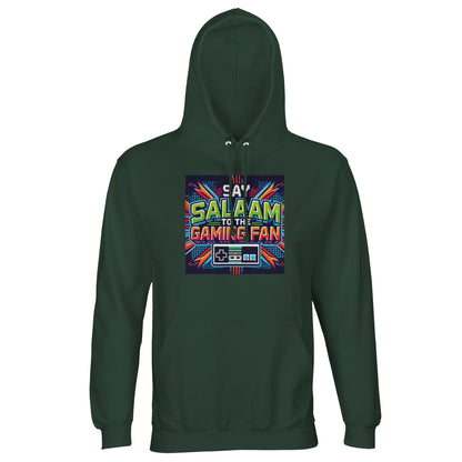 Bottle Green / Outer Space hoodie featuring the Say Salaam to the Gaming Fan Design #2 graphic, designed for Muslim and Islamic gaming communities. This cotton-poly hoodie jumper blends 80% cotton and 20% recycled polyester with brushed fleece interior for warmth and durability. Perfect for esports events, content creators, youth circles or casual Islamic streetwear. A modest gamer hoodie jumper at a good price, balancing bold colour with peaceful messaging rooted in Muslim identity.
