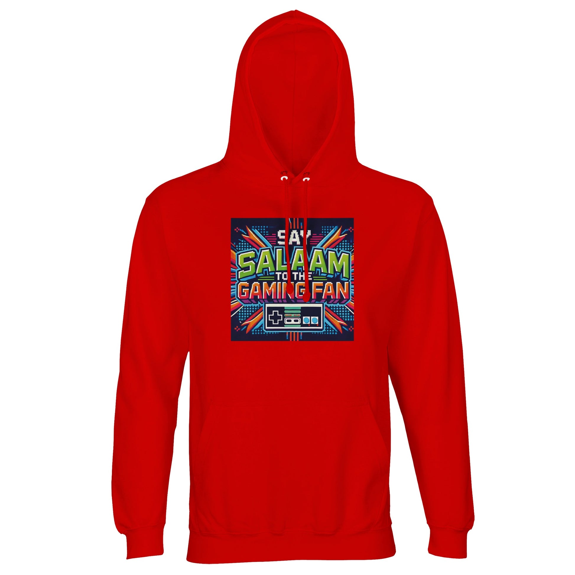 Bright Red / Rosso Corsa hoodie carrying the striking Say Salaam to the Gaming Fan Design #2 print. Created for Muslim gamers who greet opponents with peace before competition, this Islamic-inspired hoodie jumper uses 80% cotton and 20% recycled polyester with brushed fleece lining for comfort. Great for tournaments, campus wear, mosque youth nights or relaxed streetwear. A bold, modest Islamic gaming hoodie jumper at a great price, durable, expressive and culture-driven.