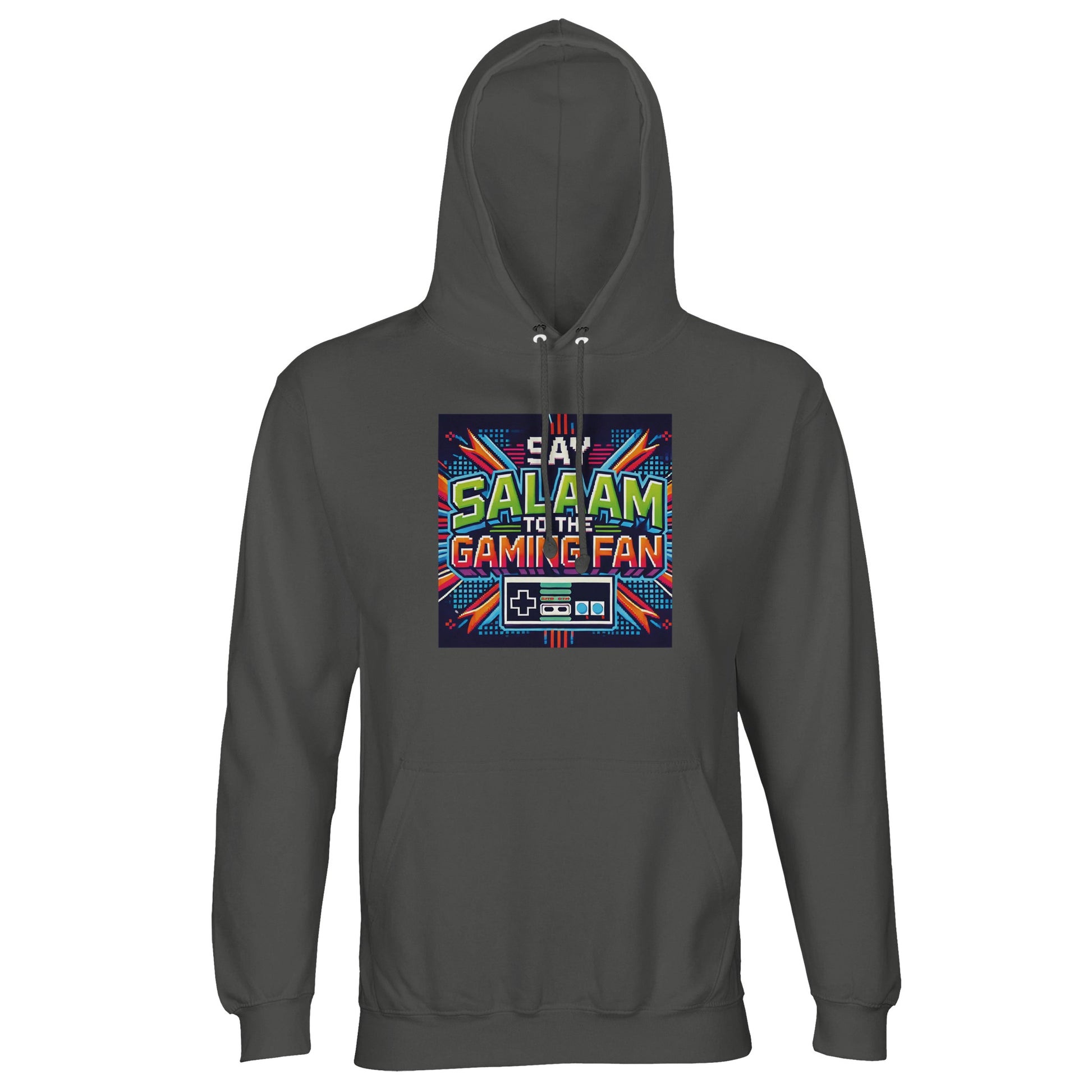 Charcoal Melange / Black Cow hoodie with Say Salaam to the Gaming Fan Design #2, a sleek option for Muslim gamers seeking understated Islamic streetwear. Made from an 80% cotton, 20% recycled polyester blend, this hoodie jumper includes brushed fleece lining for warmth and long-lasting comfort. A relaxed unisex fit suits gaming sessions, university campuses, masjid visits and everyday modest wear. A versatile Islamic gaming hoodie jumper at a great price with bold cultural messaging.