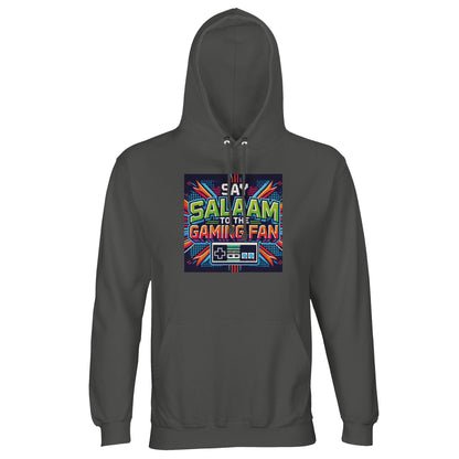 Charcoal Melange / Black Cow hoodie with Say Salaam to the Gaming Fan Design #2, a sleek option for Muslim gamers seeking understated Islamic streetwear. Made from an 80% cotton, 20% recycled polyester blend, this hoodie jumper includes brushed fleece lining for warmth and long-lasting comfort. A relaxed unisex fit suits gaming sessions, university campuses, masjid visits and everyday modest wear. A versatile Islamic gaming hoodie jumper at a great price with bold cultural messaging.