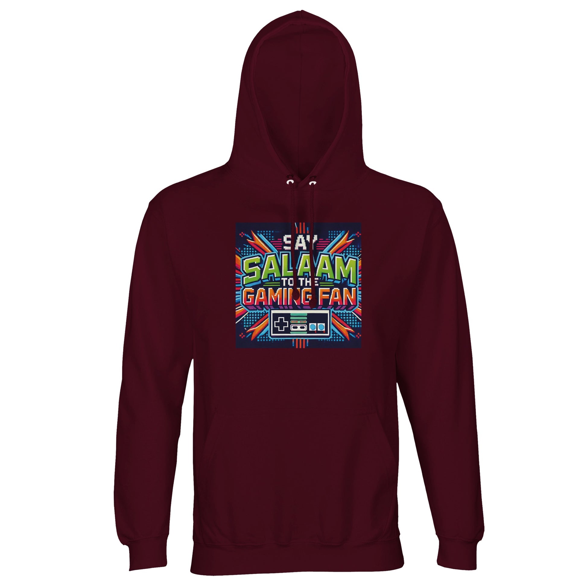 Burgundy / Dark Sienna hoodie featuring the Say Salaam to the Gaming Fan Design #2 print. This Islamic-inspired gaming hoodie jumper is built from 80% cotton and 20% recycled polyester with brushed fleece lining for comfort and warmth. Designed for Muslim gamers balancing faith and play, it works for tournaments, masjid visits and everyday modest streetwear. A rich-toned Islamic gaming hoodie jumper at a great price, durable and expressive for confident Muslim youth.