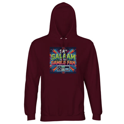Burgundy / Dark Sienna hoodie featuring the Say Salaam to the Gaming Fan Design #2 print. This Islamic-inspired gaming hoodie jumper is built from 80% cotton and 20% recycled polyester with brushed fleece lining for comfort and warmth. Designed for Muslim gamers balancing faith and play, it works for tournaments, masjid visits and everyday modest streetwear. A rich-toned Islamic gaming hoodie jumper at a great price, durable and expressive for confident Muslim youth.
