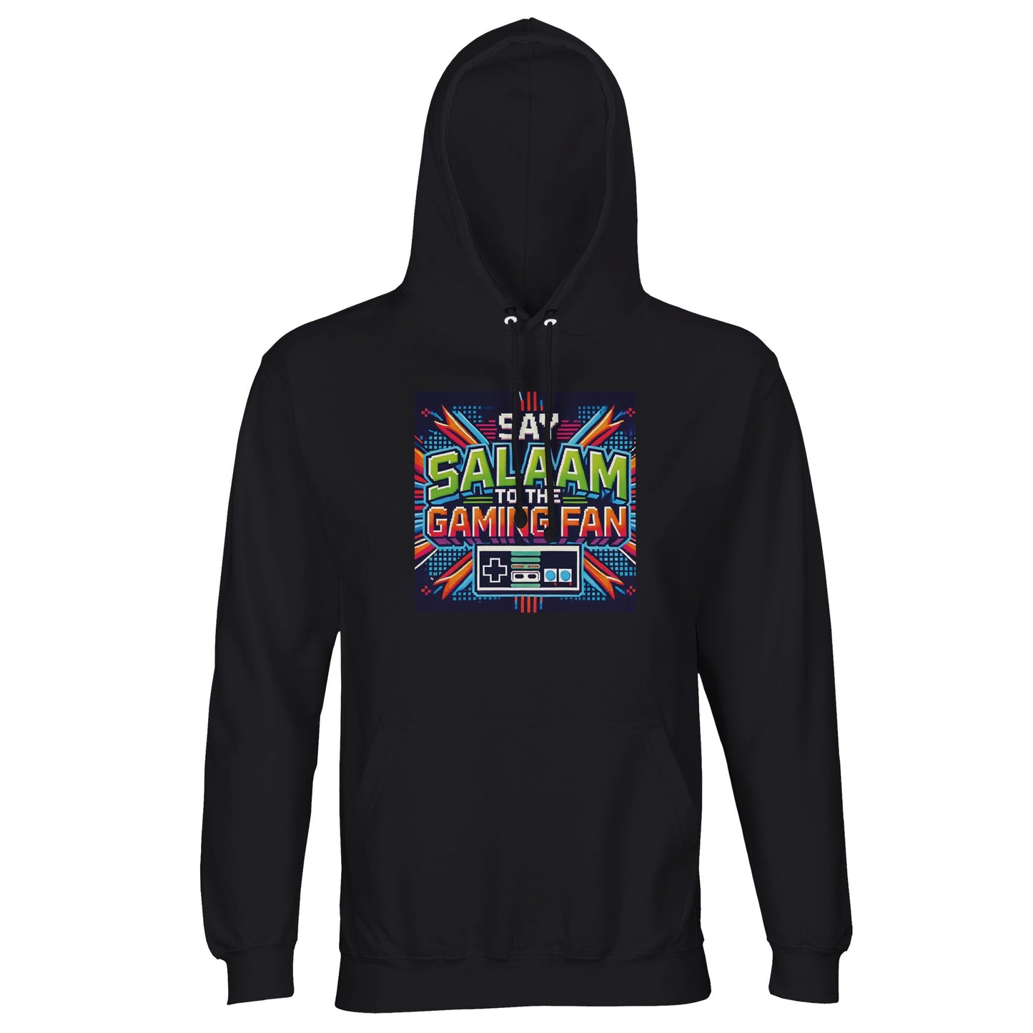 Deep Black / Zeus hoodie featuring Say Salaam to the Gaming Fan Design #2, a bold Islamic-inspired gaming graphic for Muslim gamers who value peace on and offline. This unisex cotton-poly hoodie jumper blends 80% cotton and 20% recycled polyester with brushed fleece lining for warmth and comfort. Ribbed cuffs, lined hood with metal eyelets and a relaxed fit make it ideal for masjid trips, esports nights, school, university or casual streetwear. A modest, statement hooded jumper at a good price.