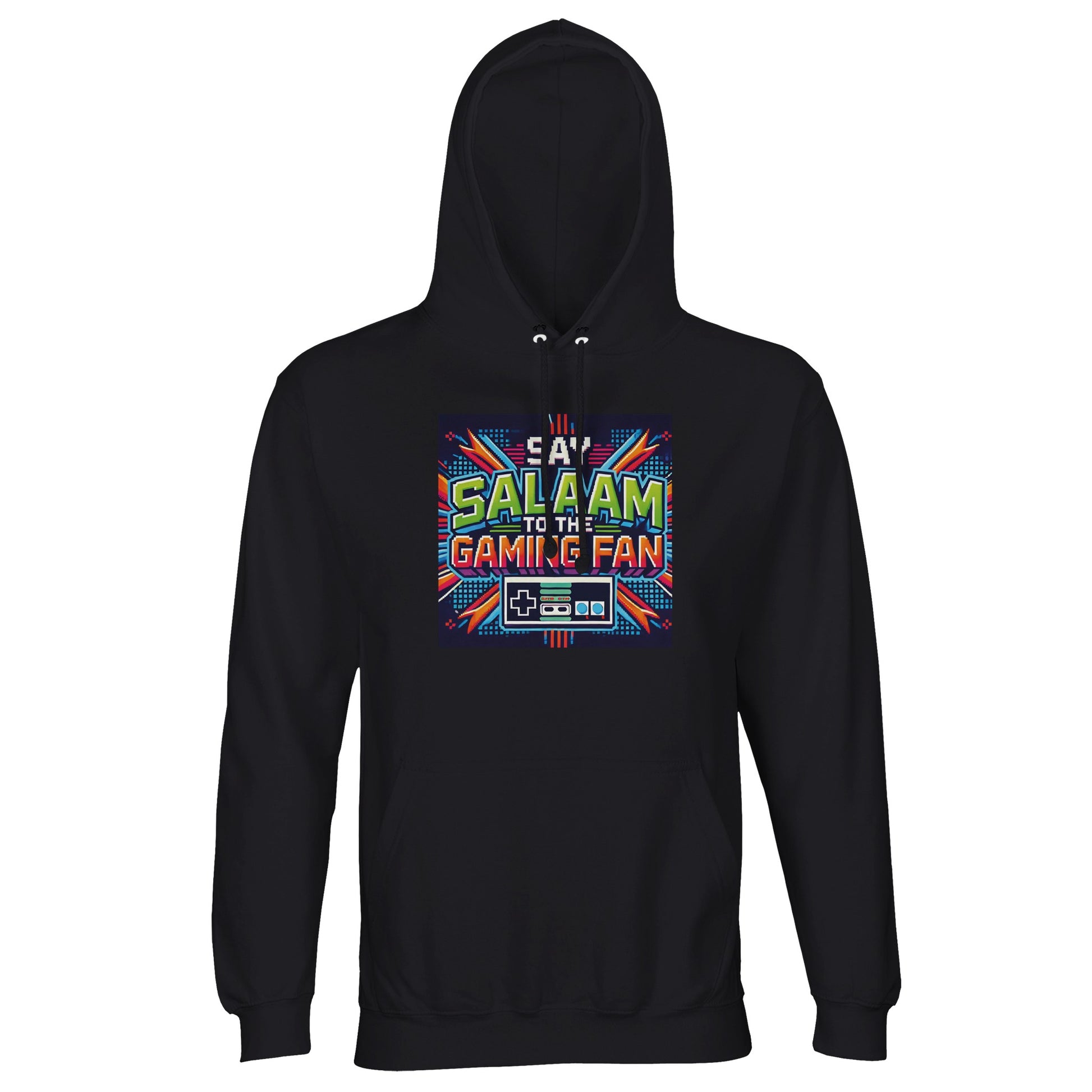 Deep Black / Zeus hoodie featuring Say Salaam to the Gaming Fan Design #2, a bold Islamic-inspired gaming graphic for Muslim gamers who value peace on and offline. This unisex cotton-poly hoodie jumper blends 80% cotton and 20% recycled polyester with brushed fleece lining for warmth and comfort. Ribbed cuffs, lined hood with metal eyelets and a relaxed fit make it ideal for masjid trips, esports nights, school, university or casual streetwear. A modest, statement hooded jumper at a good price.