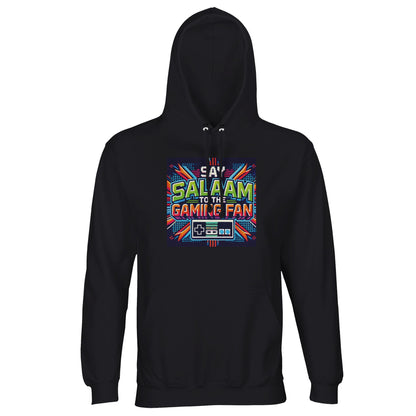 Deep Black / Zeus hoodie featuring Say Salaam to the Gaming Fan Design #2, a bold Islamic-inspired gaming graphic for Muslim gamers who value peace on and offline. This unisex cotton-poly hoodie jumper blends 80% cotton and 20% recycled polyester with brushed fleece lining for warmth and comfort. Ribbed cuffs, lined hood with metal eyelets and a relaxed fit make it ideal for masjid trips, esports nights, school, university or casual streetwear. A modest, statement hooded jumper at a good price.