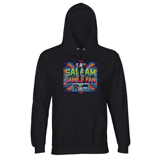 Deep Black / Zeus hoodie featuring Say Salaam to the Gaming Fan Design #2, a bold Islamic-inspired gaming graphic for Muslim gamers who value peace on and offline. This unisex cotton-poly hoodie jumper blends 80% cotton and 20% recycled polyester with brushed fleece lining for warmth and comfort. Ribbed cuffs, lined hood with metal eyelets and a relaxed fit make it ideal for masjid trips, esports nights, school, university or casual streetwear. A modest, statement hooded jumper at a good price.