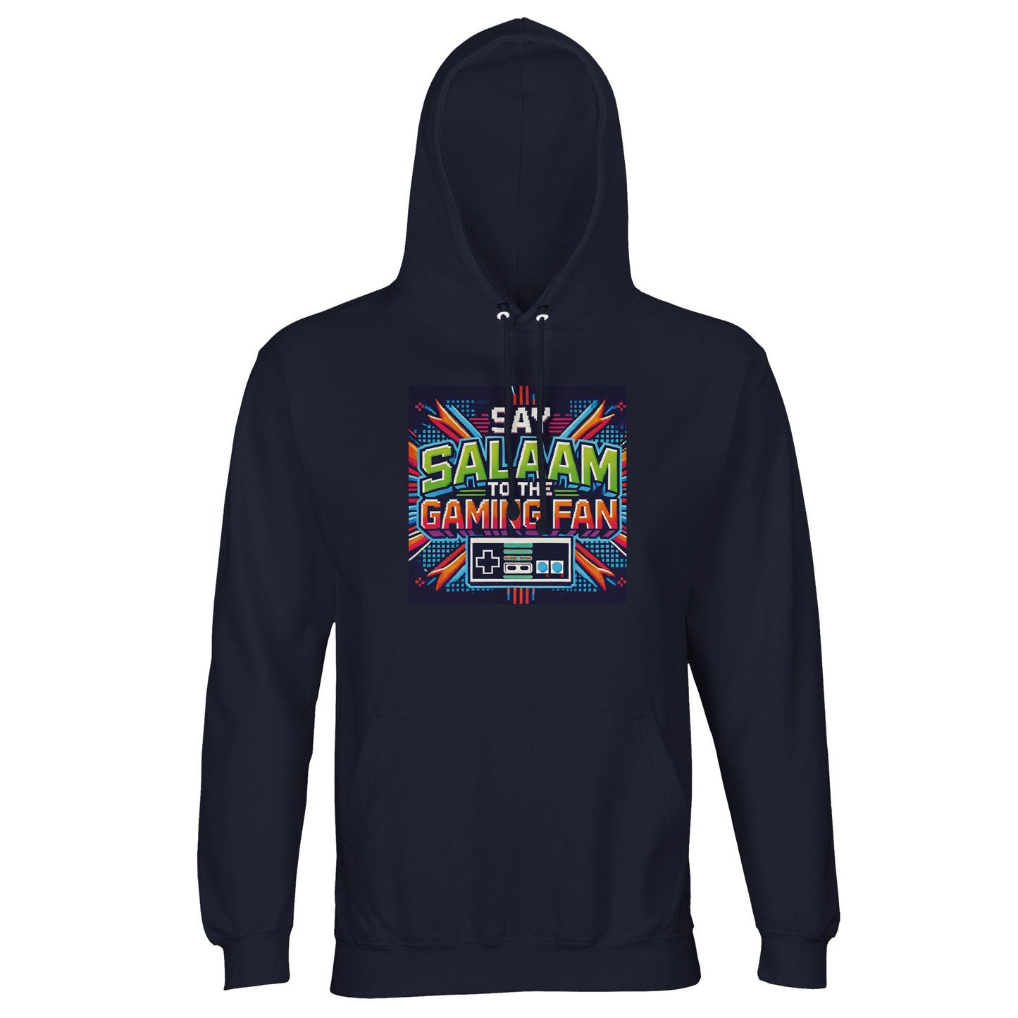 French Navy / Ebony Clay hoodie with Say Salaam to the Gaming Fan Design #2, offering a refined option for Muslim gamers who appreciate Islamic-inspired streetwear. Made from 80% cotton and 20% recycled polyester, this hoodie jumper features brushed fleece lining for warmth and durability. Suitable for gaming tournaments, university life, mosque events and everyday modest wear. A timeless Islamic gaming hoodie jumper at a great price, practical, comfortable and culture-affirming.