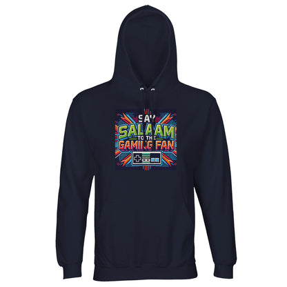 French Navy / Ebony Clay hoodie with Say Salaam to the Gaming Fan Design #2, offering a refined option for Muslim gamers who appreciate Islamic-inspired streetwear. Made from 80% cotton and 20% recycled polyester, this hoodie jumper features brushed fleece lining for warmth and durability. Suitable for gaming tournaments, university life, mosque events and everyday modest wear. A timeless Islamic gaming hoodie jumper at a great price, practical, comfortable and culture-affirming.