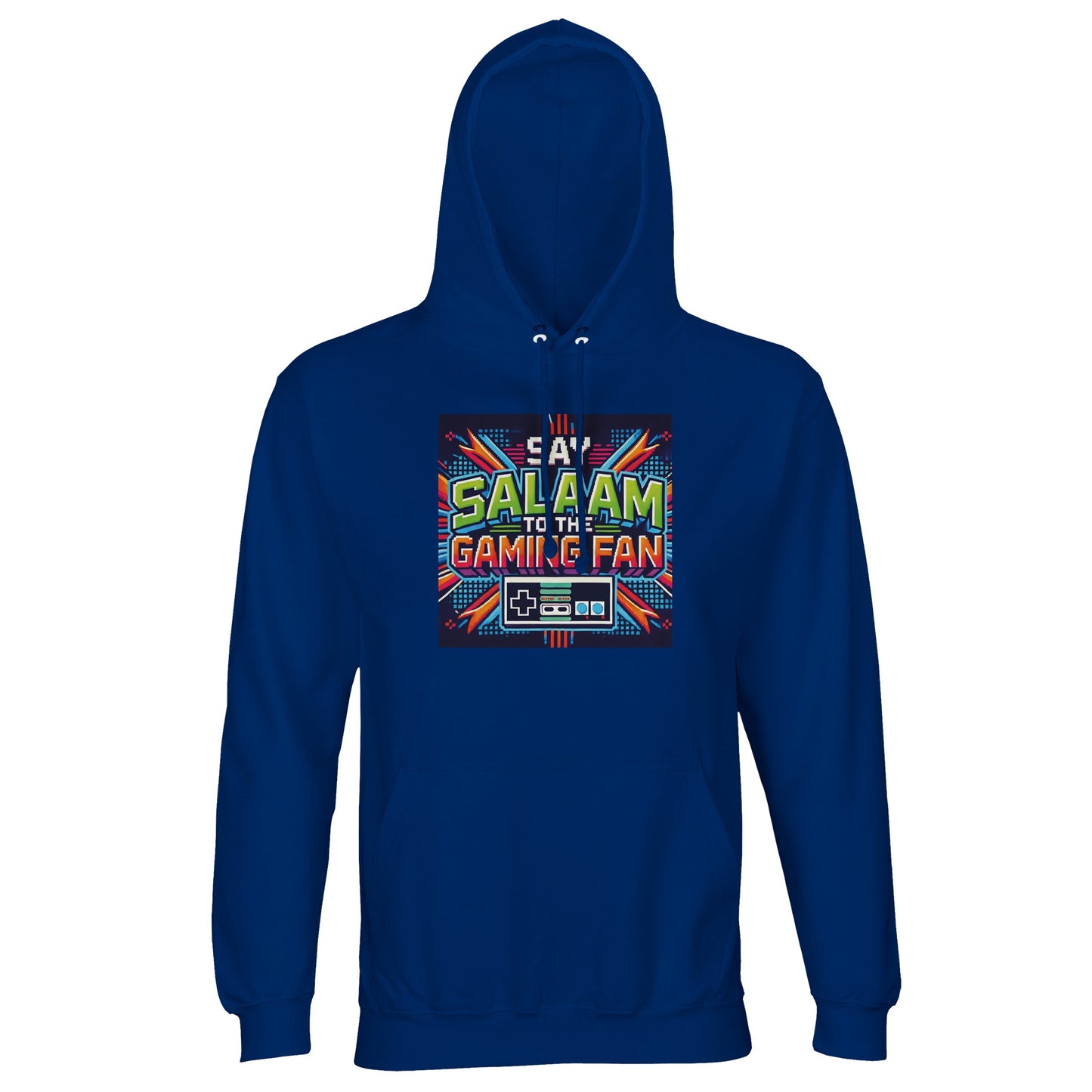 Royal Blue / Dark Midnight Blue hoodie showcasing Say Salaam to the Gaming Fan Design #2. Crafted for Muslim gamers who bring Islamic values of peace into competitive play, this cotton-poly hoodie jumper blends 80% cotton with 20% recycled polyester and brushed fleece interior. Ideal for esports sessions, youth programmes, campus life or casual modest streetwear. A standout Islamic gaming hoodie jumper at a good price, durable, bold and rooted in Muslim culture.