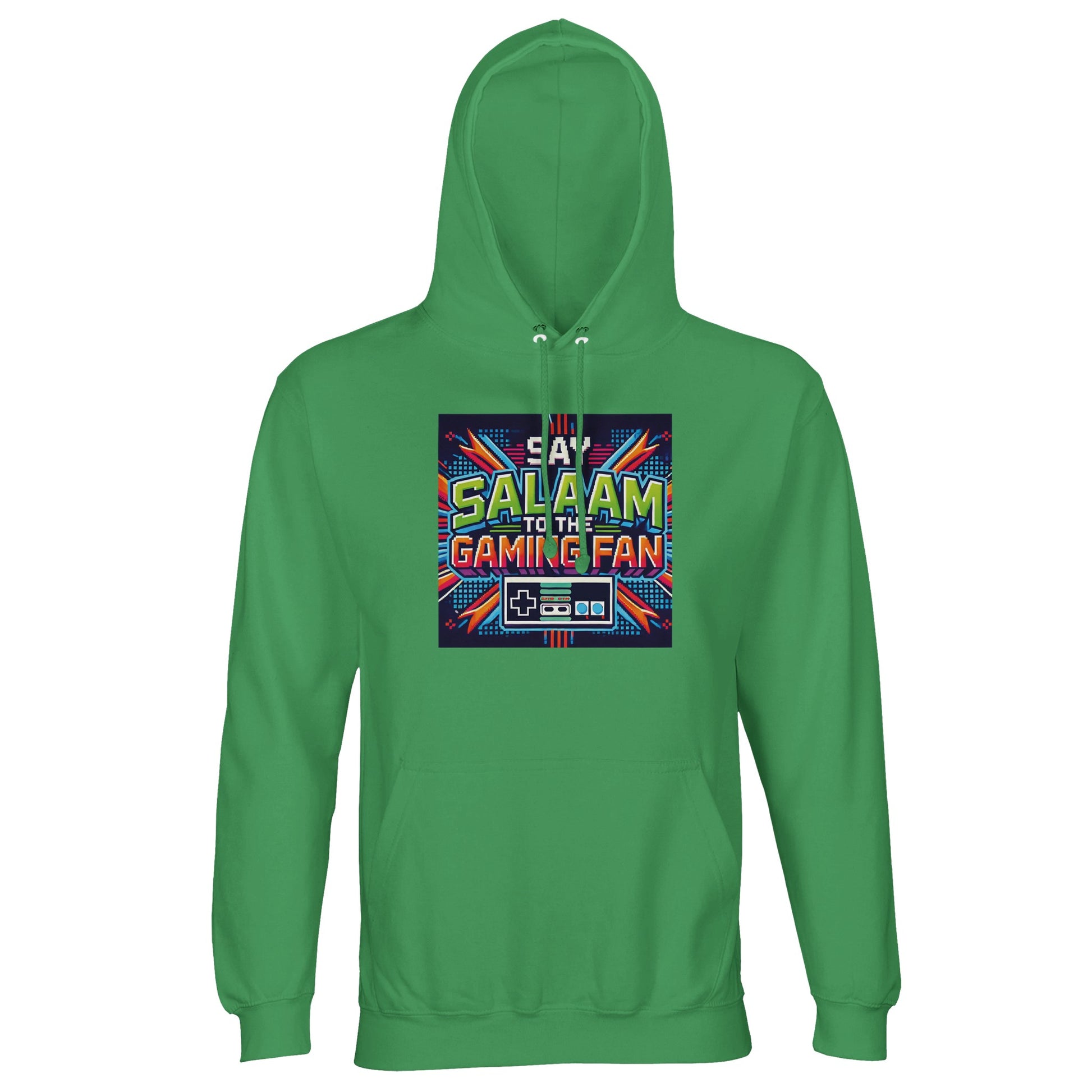 Spring Green / Sea Green / Eucalyptus hoodie with Say Salaam to the Gaming Fan Design #2, created for Muslim gaming culture rooted in peace and respect. This cotton-poly jumper uses an 80% cotton, 20% recycled polyester blend with brushed fleece interior for lasting comfort. Designed for gamers, students and content creators, it works for tournaments, mosque visits, youth groups and everyday wear. A modest Islamic streetwear hoodie jumper at a great price, combining ethical fabric and bold gamer identity.