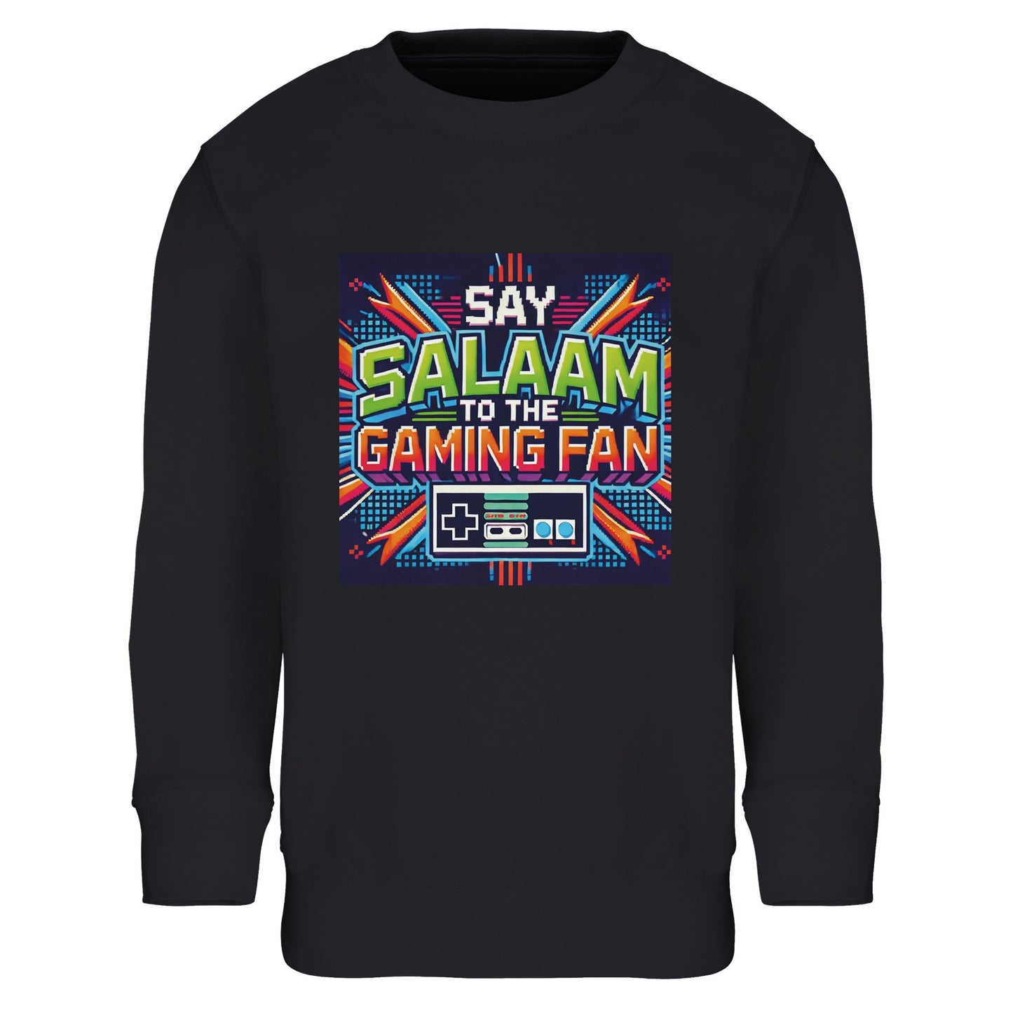 Black / Deep Black / Zeus Islamic kids sweatshirt featuring Say Salaam to the Gaming Fan Design #2 graphic. Muslim youth gaming streetwear crafted from an 80% cotton and 20% recycled polyester blend with soft brushed fleece lining for warmth and comfort. Eco-conscious modest sweatshirt for esports clubs, school gaming tournaments, console play, PC streaming and Muslim community events. Durable ribbed cuffs and hem support a secure fit for active kids who greet teammates with salaam online and offline.