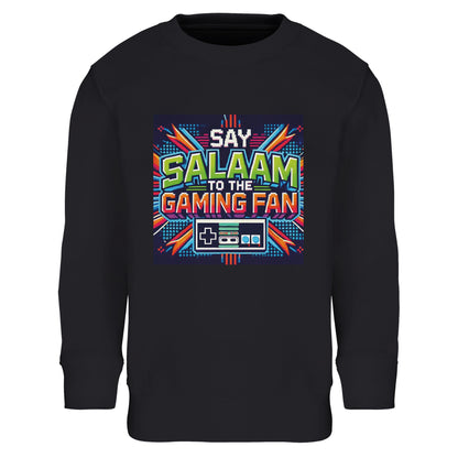 Black / Deep Black / Zeus Islamic kids sweatshirt featuring Say Salaam to the Gaming Fan Design #2 graphic. Muslim youth gaming streetwear crafted from an 80% cotton and 20% recycled polyester blend with soft brushed fleece lining for warmth and comfort. Eco-conscious modest sweatshirt for esports clubs, school gaming tournaments, console play, PC streaming and Muslim community events. Durable ribbed cuffs and hem support a secure fit for active kids who greet teammates with salaam online and offline.