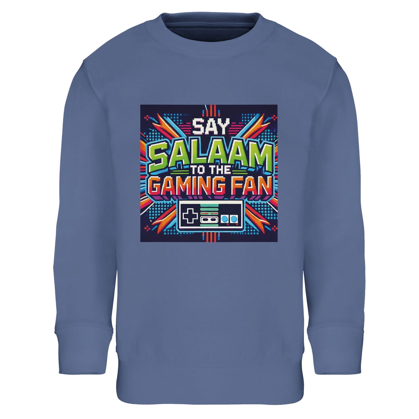 Blue / Marble Blue / Blue-Grey / Waikawa Grey Islamic kids sweatshirt featuring Say Salaam to the Gaming Fan Design #2 graphic. Muslim gamer apparel made from an 80% cotton and 20% recycled polyester blend with brushed fleece interior for cosy everyday wear. Sustainable modest gaming sweatshirt ideal for esports sessions, console competitions, school clubs and youth masjid gatherings. Designed for comfort, movement and durability, blending Islamic identity with gaming culture for young players.