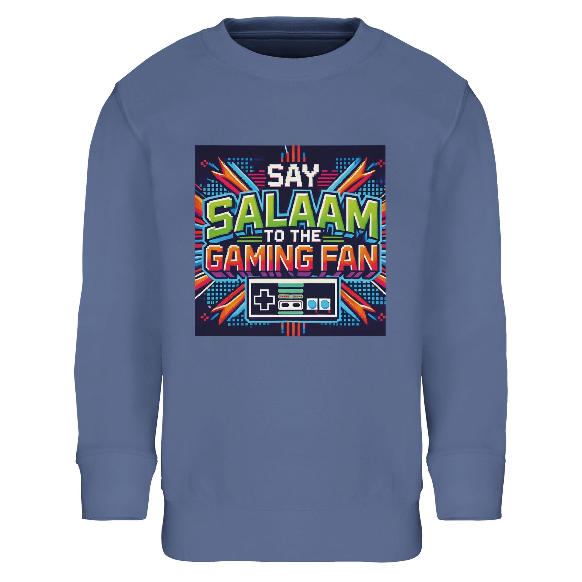 Blue / Marble Blue / Blue-Grey / Waikawa Grey Islamic kids sweatshirt featuring Say Salaam to the Gaming Fan Design #2 graphic. Muslim gamer apparel made from an 80% cotton and 20% recycled polyester blend with brushed fleece interior for cosy everyday wear. Sustainable modest gaming sweatshirt ideal for esports sessions, console competitions, school clubs and youth masjid gatherings. Designed for comfort, movement and durability, blending Islamic identity with gaming culture for young players.