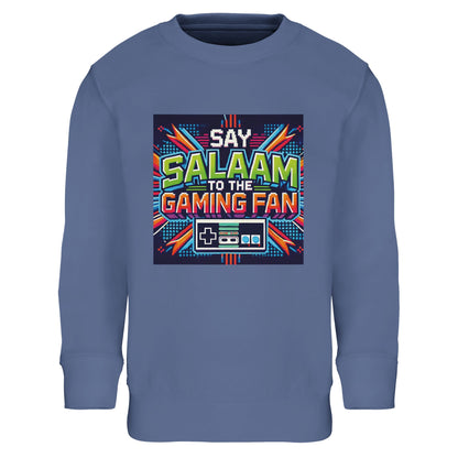 Blue / Marble Blue / Blue-Grey / Waikawa Grey Islamic kids sweatshirt featuring Say Salaam to the Gaming Fan Design #2 graphic. Muslim gamer apparel made from an 80% cotton and 20% recycled polyester blend with brushed fleece interior for cosy everyday wear. Sustainable modest gaming sweatshirt ideal for esports sessions, console competitions, school clubs and youth masjid gatherings. Designed for comfort, movement and durability, blending Islamic identity with gaming culture for young players.