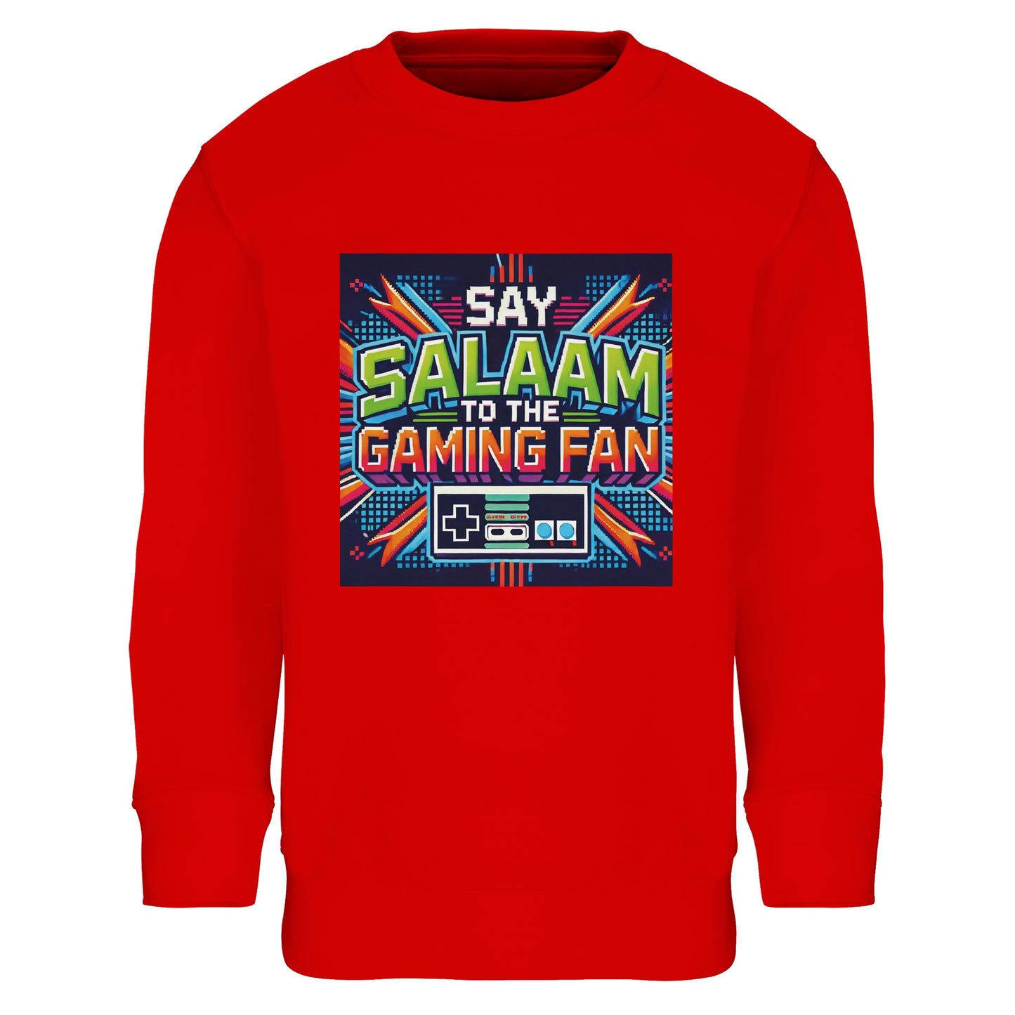 Bright Red / Rosso Corsa Islamic kids sweatshirt featuring Say Salaam to the Gaming Fan Design #2 graphic. Muslim gaming streetwear crafted from soft 80% cotton and 20% recycled polyester with brushed fleece lining for warmth during tournaments and casual play. Eco-friendly modest sweatshirt for console gaming, PC streaming, esports training and Islamic youth events. Ribbed cuffs and hem provide a snug fit while expressing Muslim pride in competitive gaming spaces.