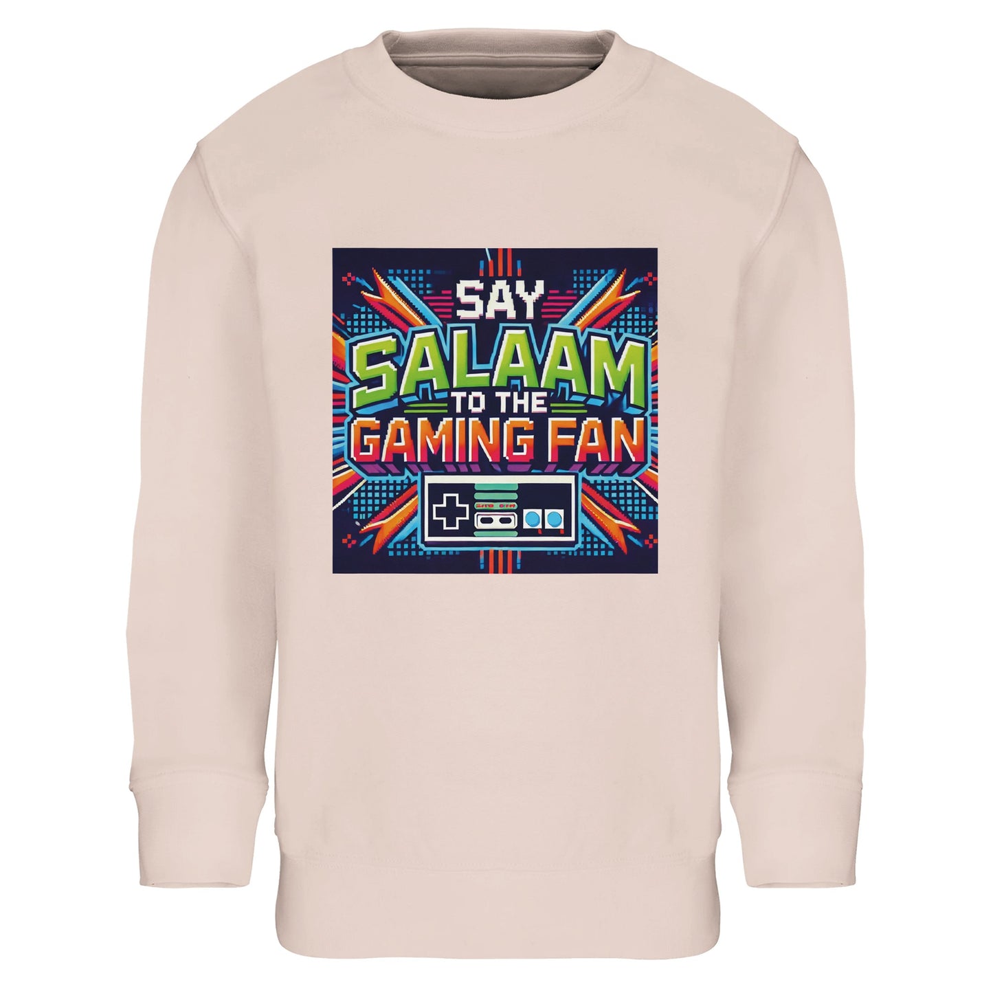 Creamy Pink / Oyster Pink Islamic kids sweatshirt featuring Say Salaam to the Gaming Fan Design #2 graphic. Muslim gamer apparel made from 80% cotton and 20% recycled polyester with soft brushed fleece interior for comfort and durability. Sustainable modest sweatshirt ideal for esports training, console gaming, creative streaming and Islamic youth events. Pastel tone paired with strong gaming visuals for confident young Muslim players expressing faith and fun.