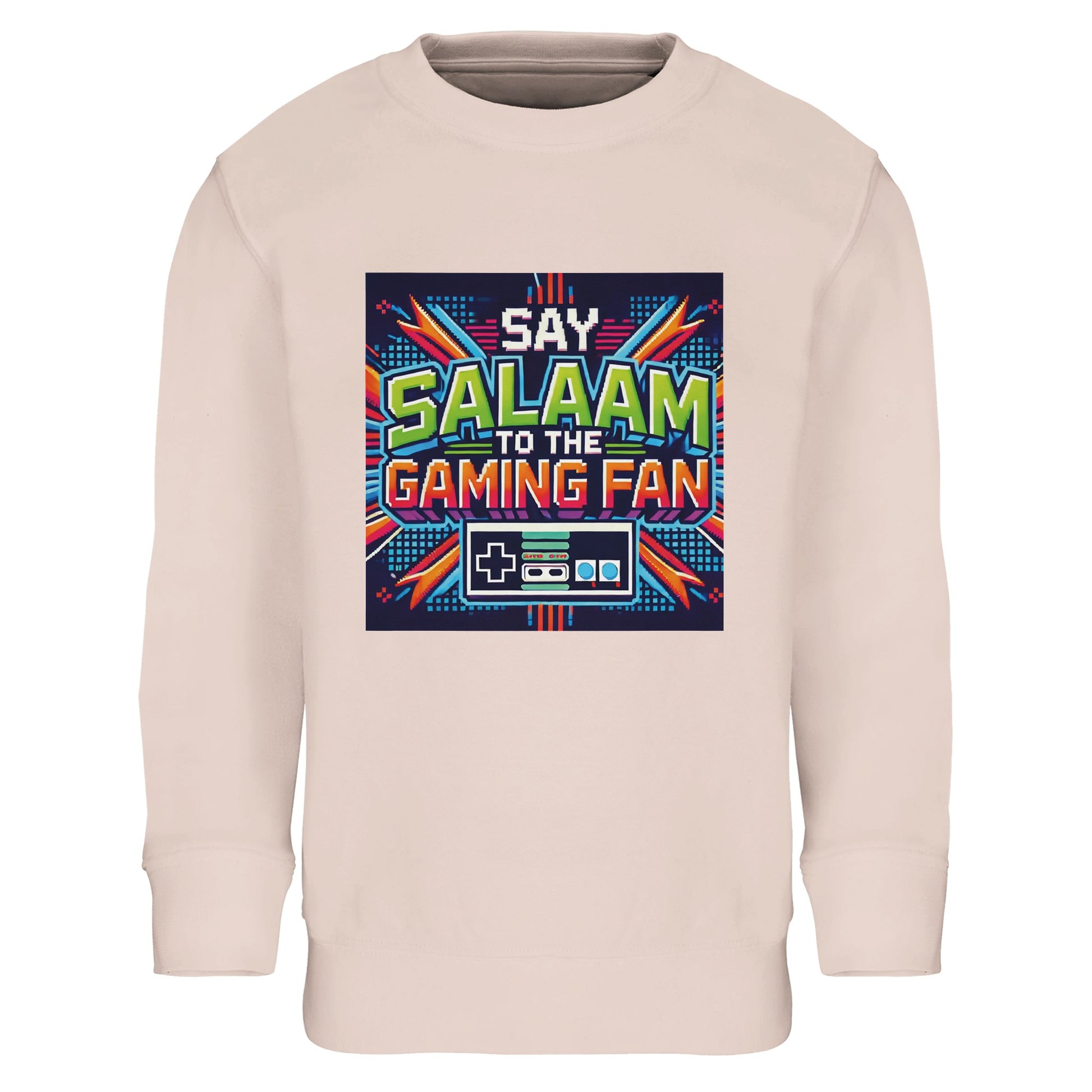 Creamy Pink / Oyster Pink Islamic kids sweatshirt featuring Say Salaam to the Gaming Fan Design #2 graphic. Muslim gamer apparel made from 80% cotton and 20% recycled polyester with soft brushed fleece interior for comfort and durability. Sustainable modest sweatshirt ideal for esports training, console gaming, creative streaming and Islamic youth events. Pastel tone paired with strong gaming visuals for confident young Muslim players expressing faith and fun.