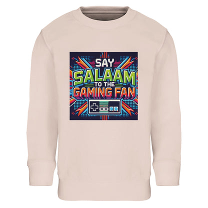 Creamy Pink / Oyster Pink Islamic kids sweatshirt featuring Say Salaam to the Gaming Fan Design #2 graphic. Muslim gamer apparel made from 80% cotton and 20% recycled polyester with soft brushed fleece interior for comfort and durability. Sustainable modest sweatshirt ideal for esports training, console gaming, creative streaming and Islamic youth events. Pastel tone paired with strong gaming visuals for confident young Muslim players expressing faith and fun.