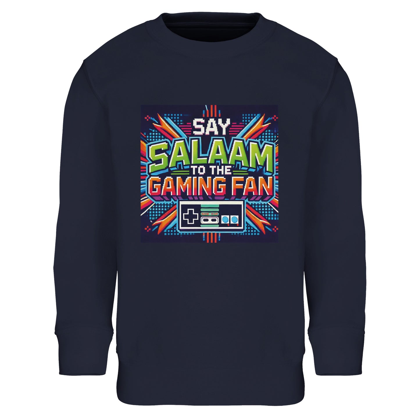 French Navy / Ebony Clay Islamic kids sweatshirt featuring Say Salaam to the Gaming Fan Design #2 graphic. Muslim gamer clothing made from an 80% cotton and 20% recycled polyester blend with brushed fleece interior for a soft, structured feel. Sustainable modest streetwear for esports tournaments, school tech clubs, console sessions and community youth programmes. Built for comfort and resilience, uniting Islamic values and gaming culture for young digital competitors.