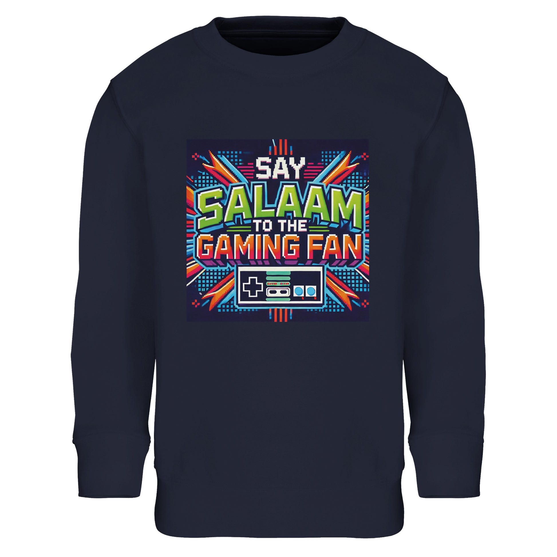 French Navy / Ebony Clay Islamic kids sweatshirt featuring Say Salaam to the Gaming Fan Design #2 graphic. Muslim gamer clothing made from an 80% cotton and 20% recycled polyester blend with brushed fleece interior for a soft, structured feel. Sustainable modest streetwear for esports tournaments, school tech clubs, console sessions and community youth programmes. Built for comfort and resilience, uniting Islamic values and gaming culture for young digital competitors.
