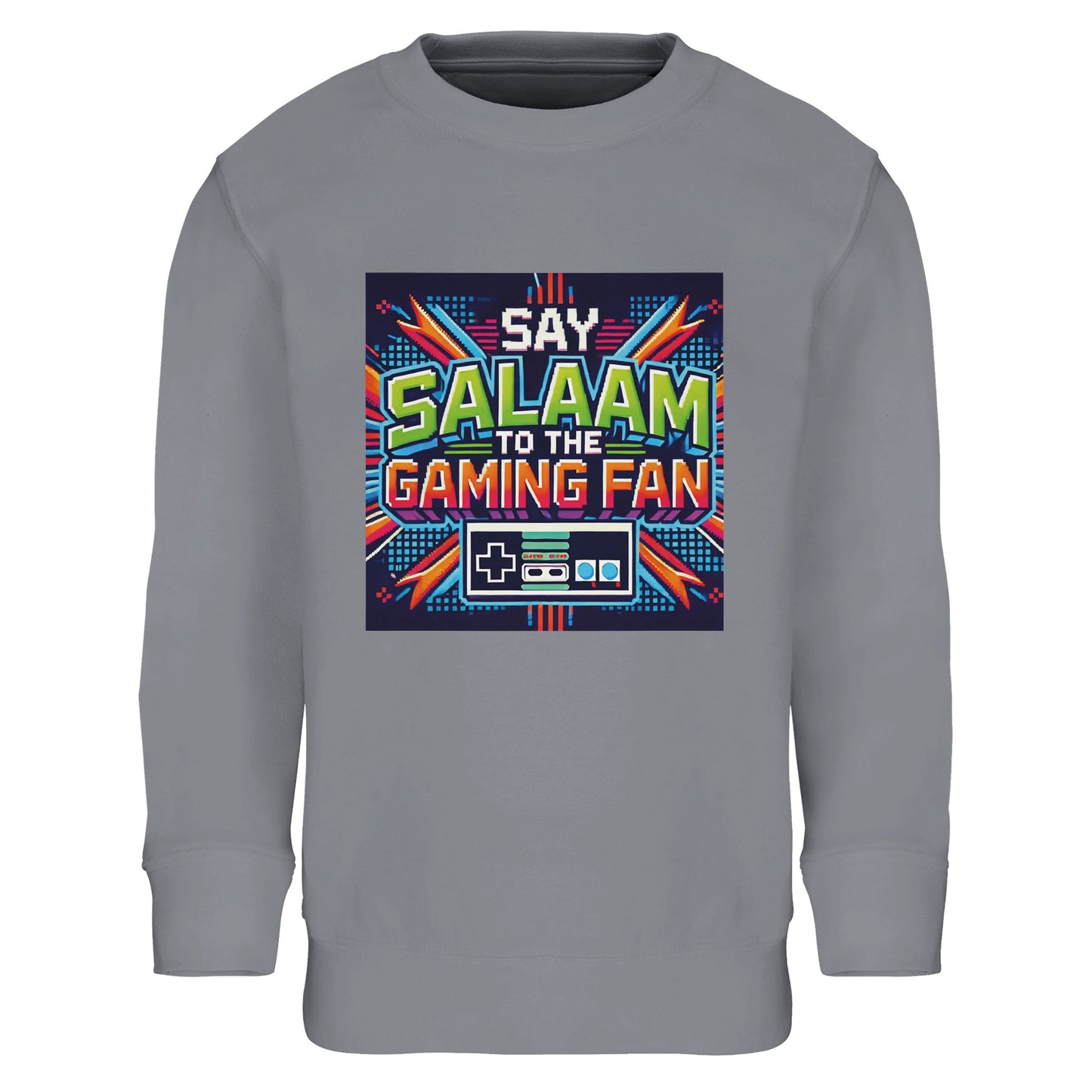Grey Melange / Heather Grey / Marl Grey / Classic Athletic Grey Blend Islamic kids sweatshirt featuring Say Salaam to the Gaming Fan Design #2 graphic. Muslim youth gaming apparel crafted from 80% cotton and 20% recycled polyester with brushed fleece lining for warmth and durability. Eco-conscious modest sweatshirt suitable for esports leagues, console competitions, PC gaming nights and Islamic school events, with a classic athletic tone that pairs easily with streetwear.