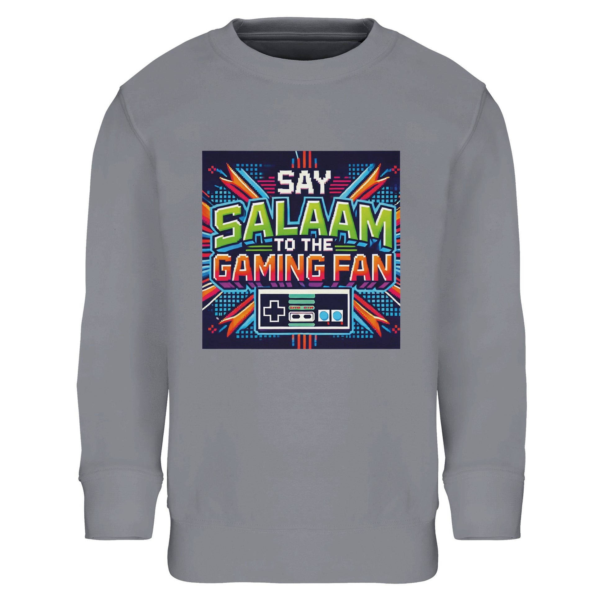 Grey Melange / Heather Grey / Marl Grey / Classic Athletic Grey Blend Islamic kids sweatshirt featuring Say Salaam to the Gaming Fan Design #2 graphic. Muslim youth gaming apparel crafted from 80% cotton and 20% recycled polyester with brushed fleece lining for warmth and durability. Eco-conscious modest sweatshirt suitable for esports leagues, console competitions, PC gaming nights and Islamic school events, with a classic athletic tone that pairs easily with streetwear.