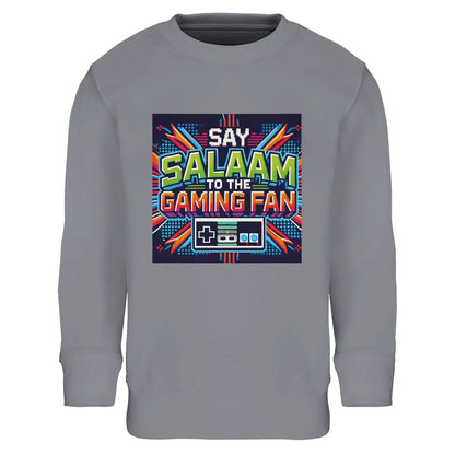 Grey Melange / Heather Grey / Marl Grey / Classic Athletic Grey Blend Islamic kids sweatshirt featuring Say Salaam to the Gaming Fan Design #2 graphic. Muslim youth gaming apparel crafted from 80% cotton and 20% recycled polyester with brushed fleece lining for warmth and durability. Eco-conscious modest sweatshirt suitable for esports leagues, console competitions, PC gaming nights and Islamic school events, with a classic athletic tone that pairs easily with streetwear.