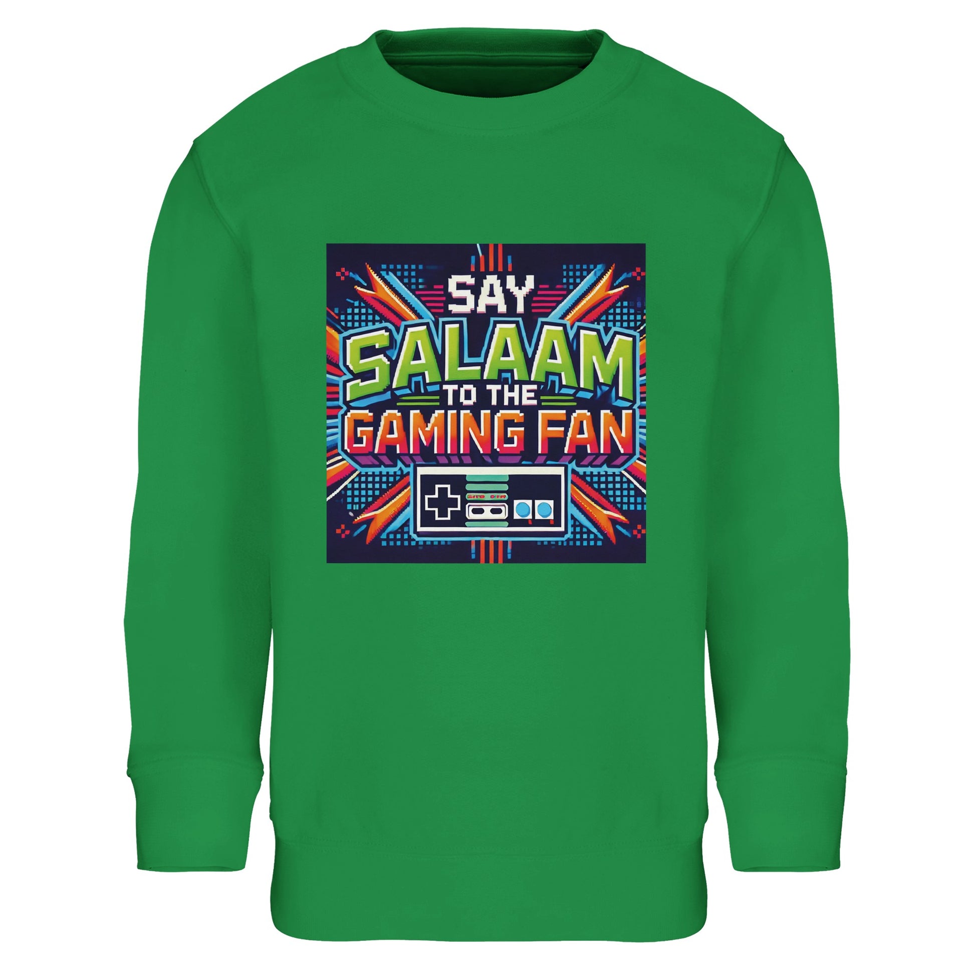 Kelly Green / Greenish Grey / Creamy Green Islamic kids sweatshirt featuring Say Salaam to the Gaming Fan Design #2 graphic. Muslim gamer streetwear made from 80% cotton and 20% recycled polyester with brushed fleece interior for cosy performance. Sustainable modest clothing for esports tournaments, gaming clubs, console battles and Muslim youth gatherings. Bright athletic energy with durable ribbed finish, celebrating Islamic identity in online communities and offline play.