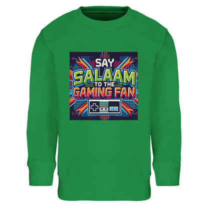 Kelly Green / Greenish Grey / Creamy Green Islamic kids sweatshirt featuring Say Salaam to the Gaming Fan Design #2 graphic. Muslim gamer streetwear made from 80% cotton and 20% recycled polyester with brushed fleece interior for cosy performance. Sustainable modest clothing for esports tournaments, gaming clubs, console battles and Muslim youth gatherings. Bright athletic energy with durable ribbed finish, celebrating Islamic identity in online communities and offline play.