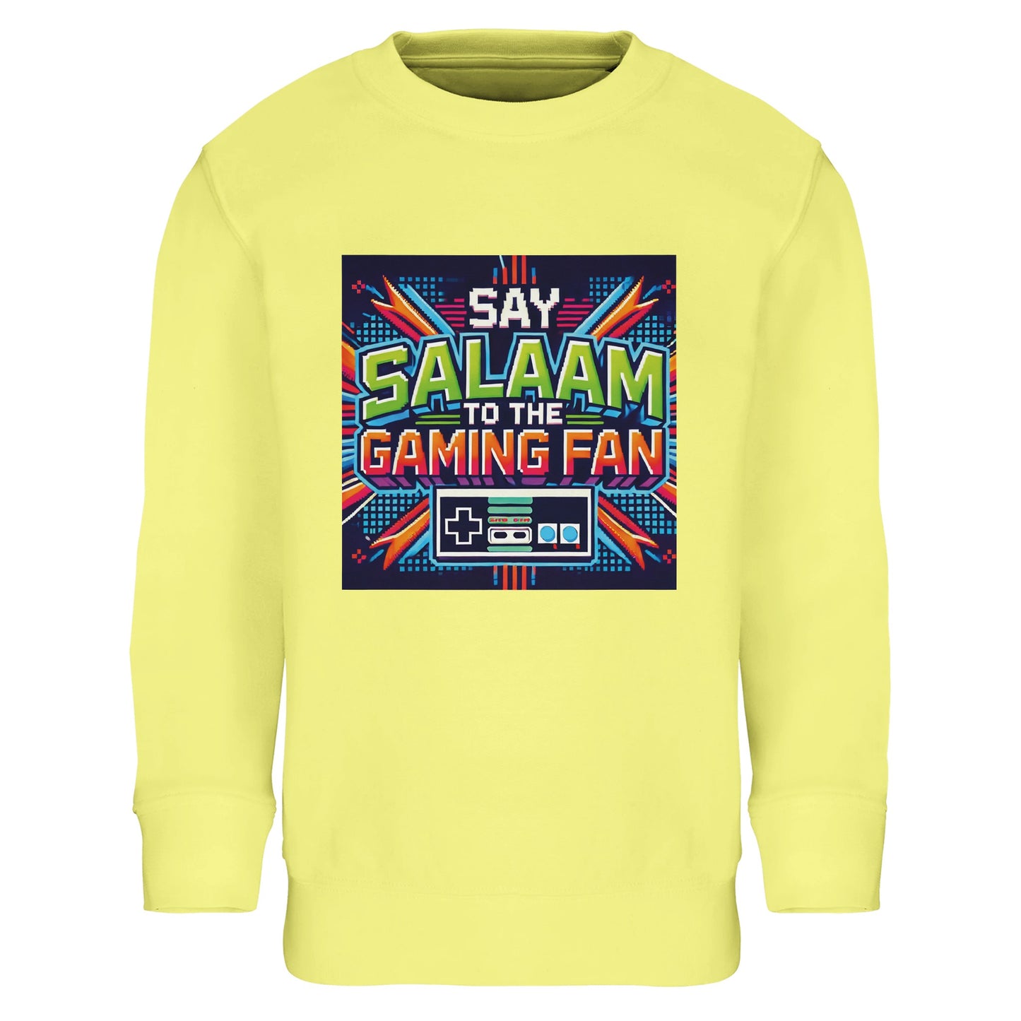 Light Yellow / Lemon Chiffon Islamic kids sweatshirt featuring Say Salaam to the Gaming Fan Design #2 graphic. Muslim gaming apparel crafted from 80% cotton and 20% recycled polyester with soft brushed fleece lining for everyday warmth. Eco-friendly modest sweatshirt ideal for esports practice, console gaming, school tech events and Islamic youth activities. A cheerful colourway that keeps the look playful while the message stays rooted in salaam.