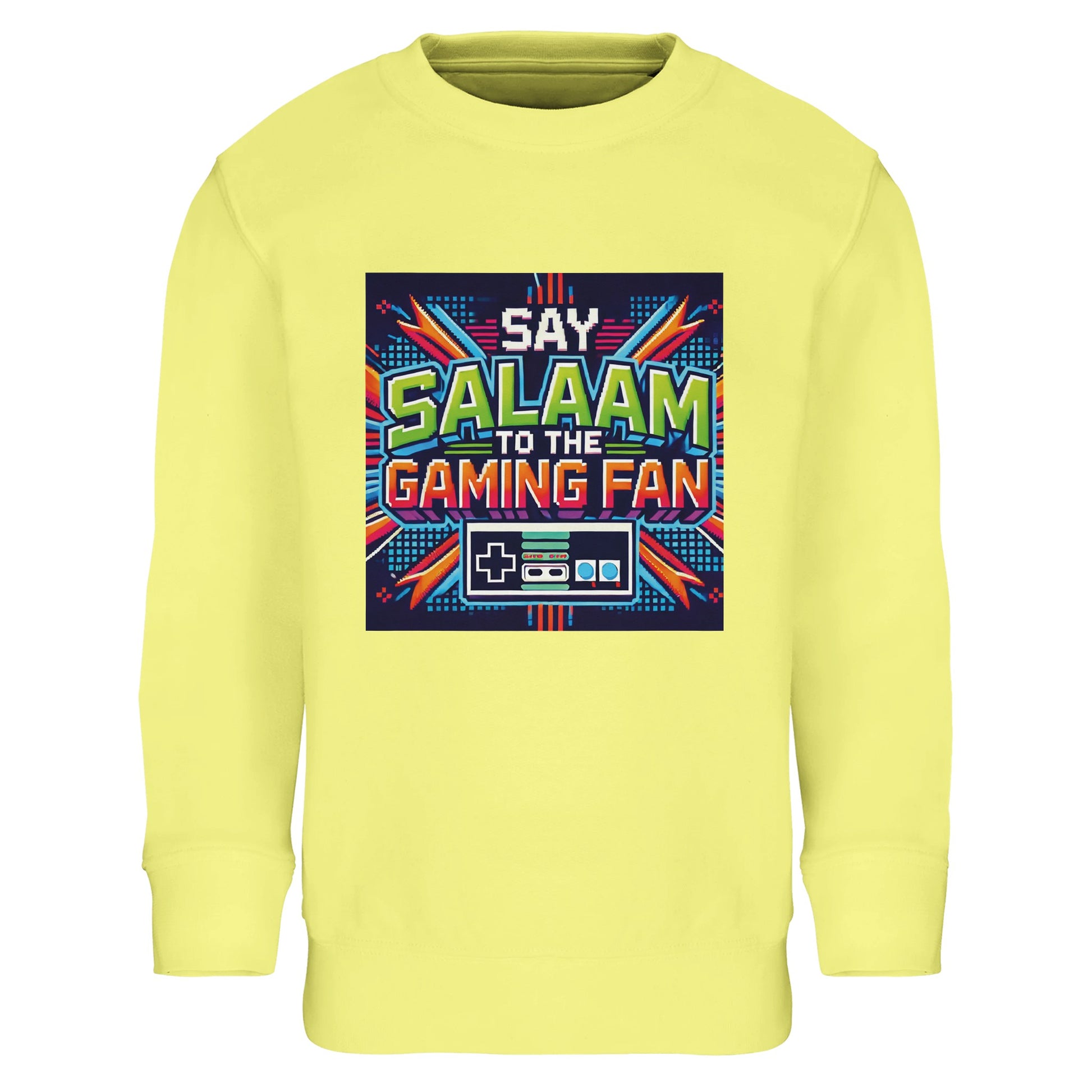Light Yellow / Lemon Chiffon Islamic kids sweatshirt featuring Say Salaam to the Gaming Fan Design #2 graphic. Muslim gaming apparel crafted from 80% cotton and 20% recycled polyester with soft brushed fleece lining for everyday warmth. Eco-friendly modest sweatshirt ideal for esports practice, console gaming, school tech events and Islamic youth activities. A cheerful colourway that keeps the look playful while the message stays rooted in salaam.