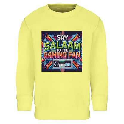 Light Yellow / Lemon Chiffon Islamic kids sweatshirt featuring Say Salaam to the Gaming Fan Design #2 graphic. Muslim gaming apparel crafted from 80% cotton and 20% recycled polyester with soft brushed fleece lining for everyday warmth. Eco-friendly modest sweatshirt ideal for esports practice, console gaming, school tech events and Islamic youth activities. A cheerful colourway that keeps the look playful while the message stays rooted in salaam.