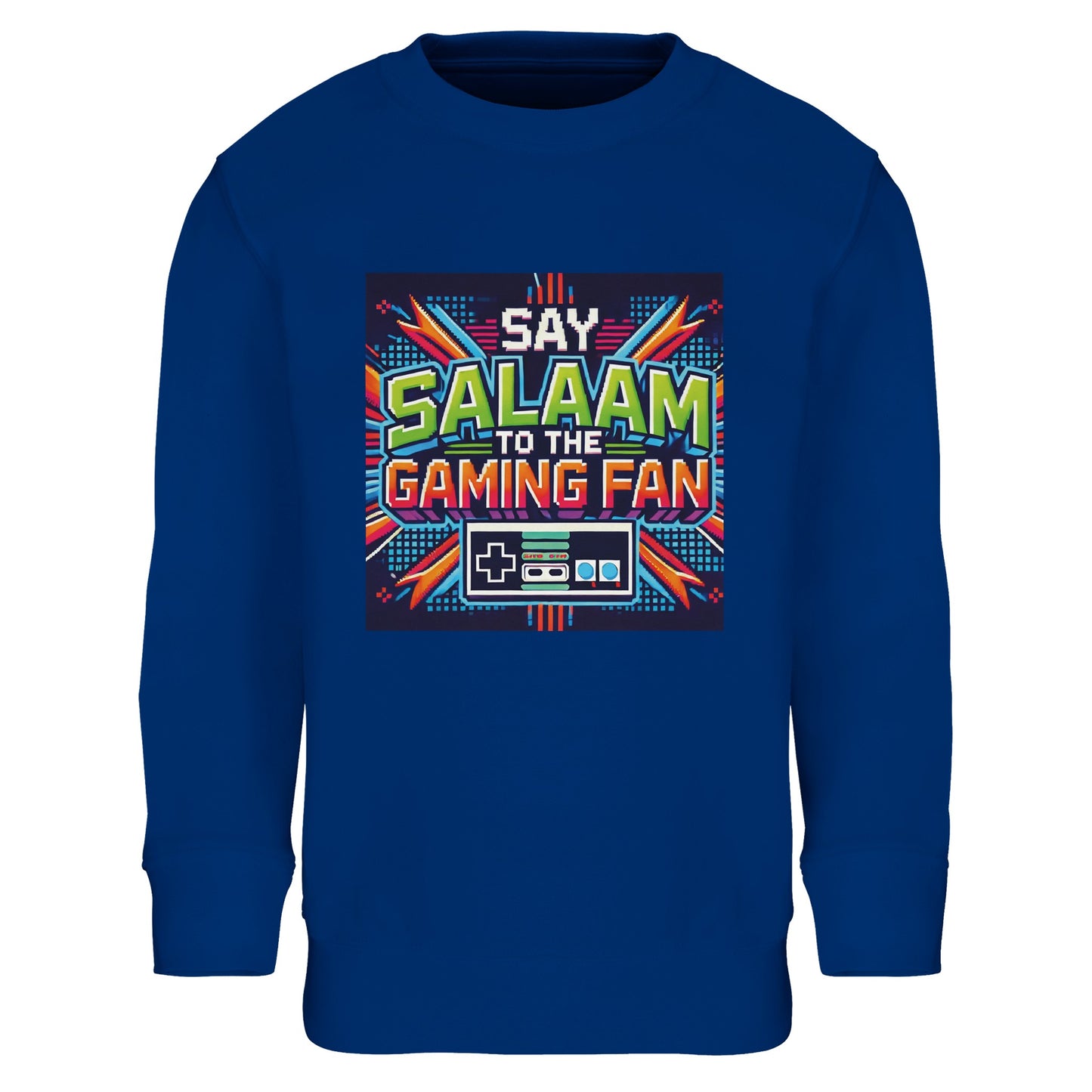 Royal Blue / Dark Midnight Blue Islamic kids sweatshirt featuring Say Salaam to the Gaming Fan Design #2 graphic. Muslim esports streetwear made from an 80% cotton and 20% recycled polyester blend with brushed fleece interior for lasting comfort. Sustainable modest sweatshirt designed for console tournaments, PC streaming sessions, youth gaming clubs and masjid community events, bringing Islamic identity into modern gaming culture with a bold athletic feel.