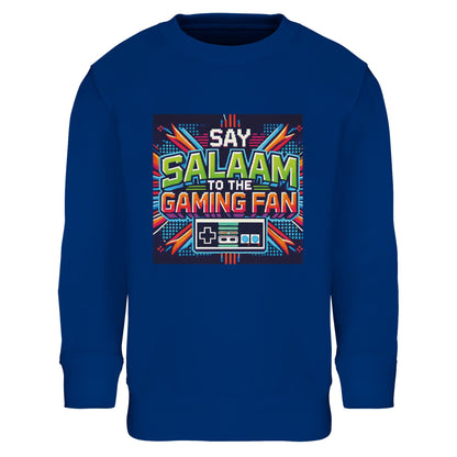 Royal Blue / Dark Midnight Blue Islamic kids sweatshirt featuring Say Salaam to the Gaming Fan Design #2 graphic. Muslim esports streetwear made from an 80% cotton and 20% recycled polyester blend with brushed fleece interior for lasting comfort. Sustainable modest sweatshirt designed for console tournaments, PC streaming sessions, youth gaming clubs and masjid community events, bringing Islamic identity into modern gaming culture with a bold athletic feel.