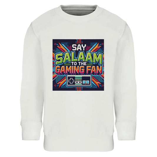White / Platinum Islamic kids sweatshirt featuring Say Salaam to the Gaming Fan Design #2 graphic. Muslim youth gaming clothing crafted from 80% cotton and 20% recycled polyester with brushed fleece lining for warmth and softness. Eco-conscious modest streetwear suitable for esports competitions, console gaming, school clubs and Islamic community gatherings. Clean, classic base highlighting bold graphic colour, for kids who keep adab and energy in every match.