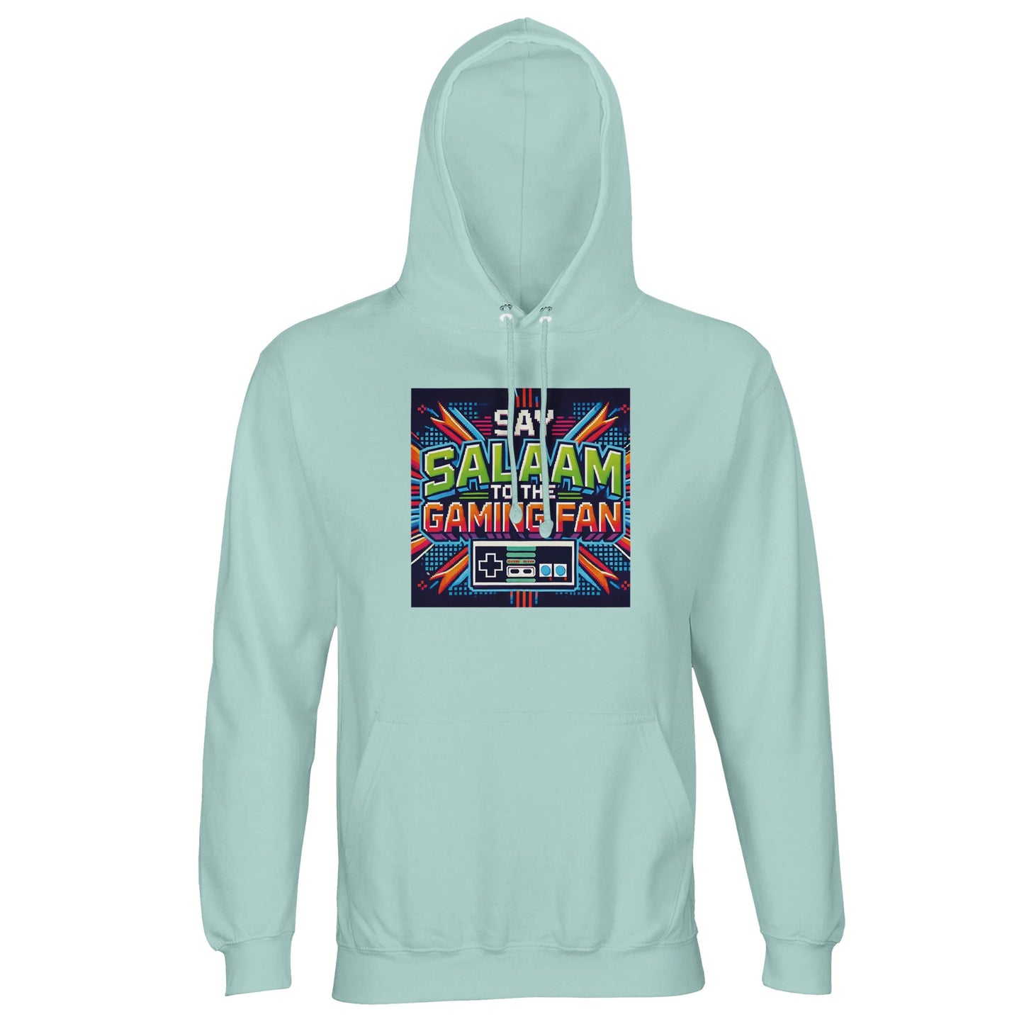 Arctic Blue / Cadet Blue Islamic unisex hoodie featuring Say Salaam Gaming Fan Design #2. Premium 80% cotton, 20% recycled polyester blend with brushed fleece lining and 280gsm weight for structure and comfort. Muslim gamer streetwear blending esports identity with Islamic culture. Ideal for PC gaming, console battles, FIFA tournaments and Muslim esports events. Sustainable modest hoodie for streamers and youth who represent faith proudly while gaming online and offline.