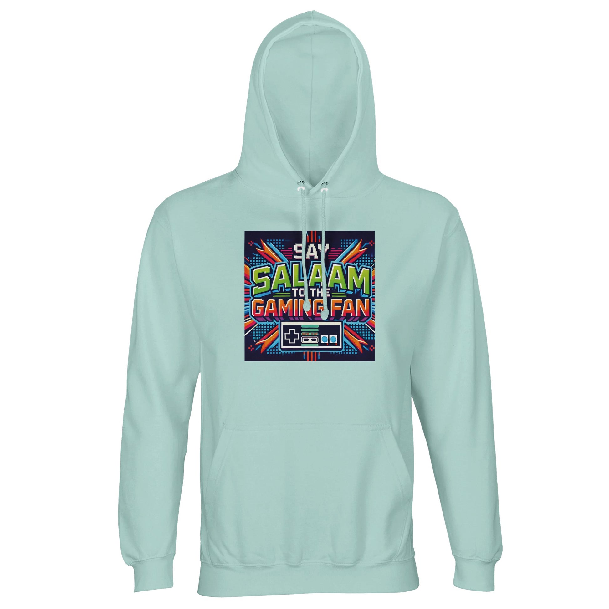 Arctic Blue / Cadet Blue Islamic unisex hoodie featuring Say Salaam Gaming Fan Design #2. Premium 80% cotton, 20% recycled polyester blend with brushed fleece lining and 280gsm weight for structure and comfort. Muslim gamer streetwear blending esports identity with Islamic culture. Ideal for PC gaming, console battles, FIFA tournaments and Muslim esports events. Sustainable modest hoodie for streamers and youth who represent faith proudly while gaming online and offline.
