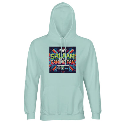 Arctic Blue / Cadet Blue Islamic unisex hoodie featuring Say Salaam Gaming Fan Design #2. Premium 80% cotton, 20% recycled polyester blend with brushed fleece lining and 280gsm weight for structure and comfort. Muslim gamer streetwear blending esports identity with Islamic culture. Ideal for PC gaming, console battles, FIFA tournaments and Muslim esports events. Sustainable modest hoodie for streamers and youth who represent faith proudly while gaming online and offline.