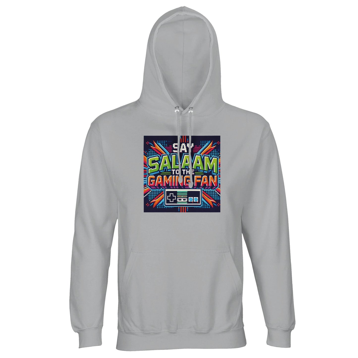 Ash / Silver Chalice unisex Islamic gaming hoodie with bold Say Salaam to the Gaming Fan Design #2 print. Soft brushed fleece interior, 80% cotton and 20% recycled polyester blend at 280gsm for warmth and durability. Muslim gamer streetwear combining esports culture, console gaming and Islamic identity. Ideal for streaming sessions, FPS tournaments, gaming conventions and youth club events. Modest, sustainable hoodie for Muslim esports fans who greet with salaam and represent faith in gaming spaces.