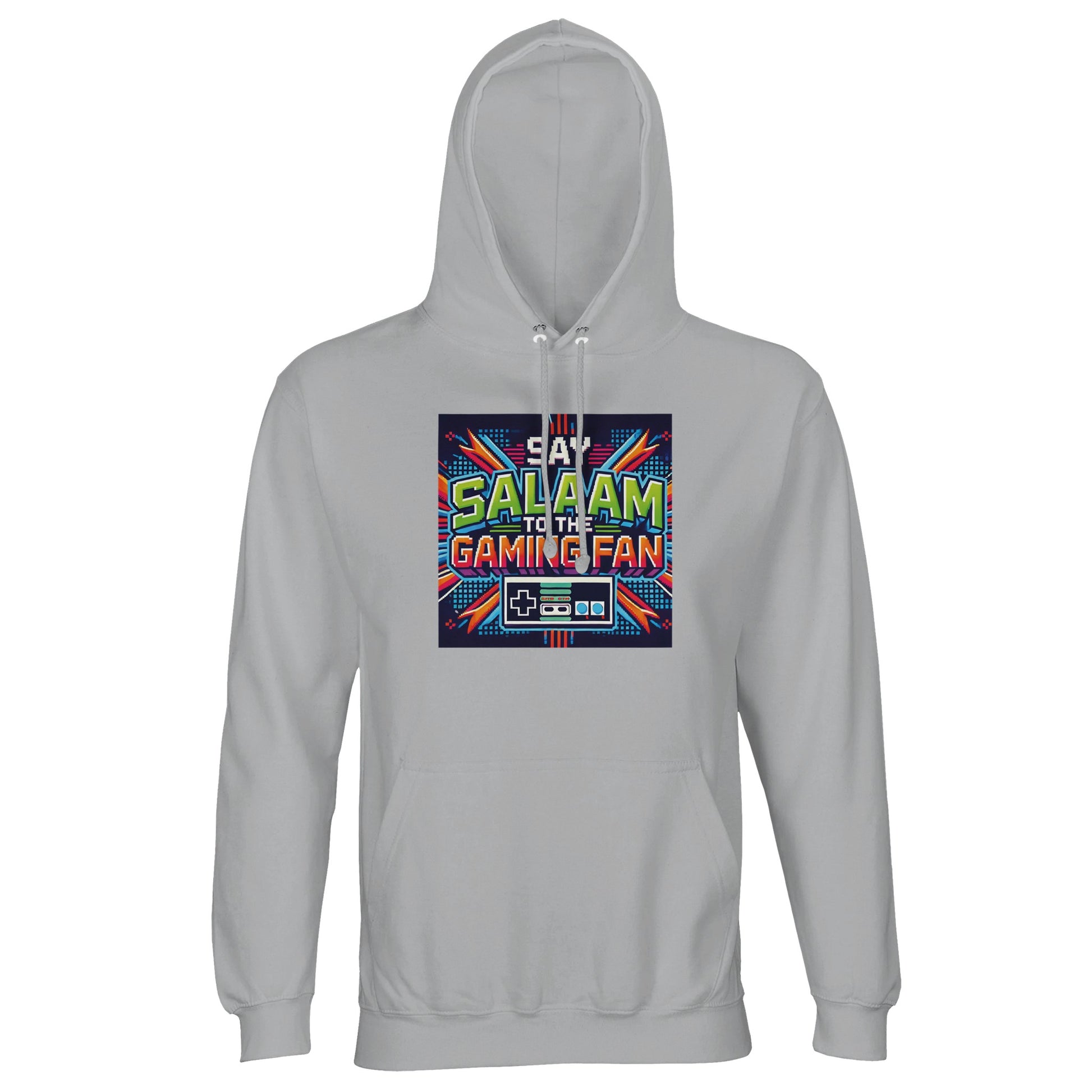 Ash / Silver Chalice unisex Islamic gaming hoodie with bold Say Salaam to the Gaming Fan Design #2 print. Soft brushed fleece interior, 80% cotton and 20% recycled polyester blend at 280gsm for warmth and durability. Muslim gamer streetwear combining esports culture, console gaming and Islamic identity. Ideal for streaming sessions, FPS tournaments, gaming conventions and youth club events. Modest, sustainable hoodie for Muslim esports fans who greet with salaam and represent faith in gaming spaces.