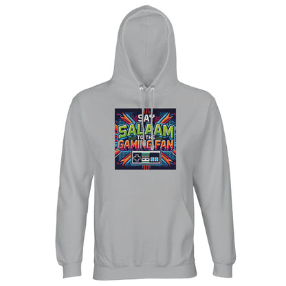 Ash / Silver Chalice unisex Islamic gaming hoodie with bold Say Salaam to the Gaming Fan Design #2 print. Soft brushed fleece interior, 80% cotton and 20% recycled polyester blend at 280gsm for warmth and durability. Muslim gamer streetwear combining esports culture, console gaming and Islamic identity. Ideal for streaming sessions, FPS tournaments, gaming conventions and youth club events. Modest, sustainable hoodie for Muslim esports fans who greet with salaam and represent faith in gaming spaces.