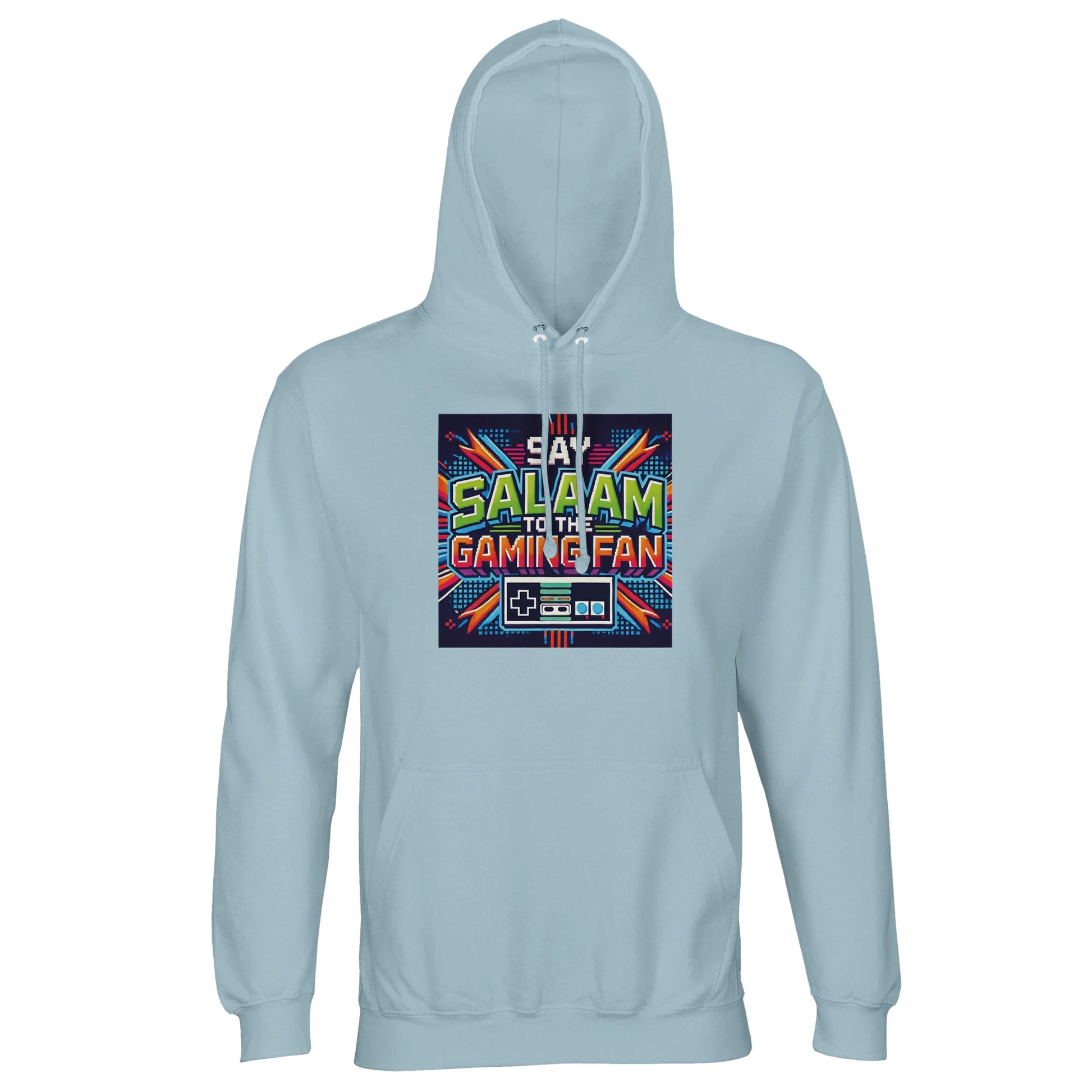 Creamy Blue / Marble Blue / Waikawa Grey unisex Muslim gaming hoodie with Say Salaam Design #2 graphic. Islamic esports apparel crafted from 80% cotton and 20% recycled polyester, brushed fleece interior at 280gsm for warmth and durability. Sustainable modest streetwear for console gamers, Twitch streamers and Muslim youth groups. Perfect for tournaments, gaming conventions and online competitive play. Faith-inspired Islamic hoodie celebrating salaam culture in modern esports communities.