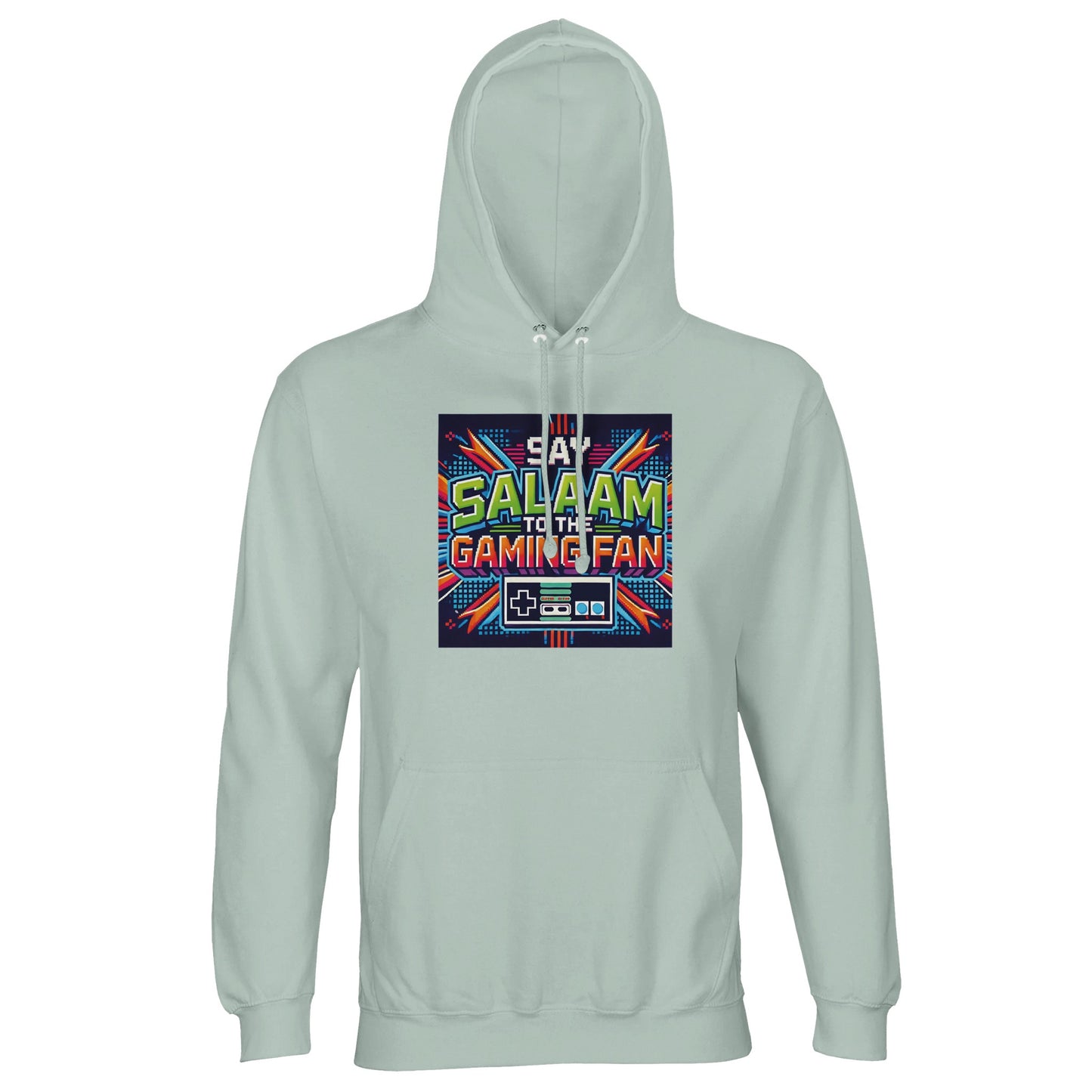 Creamy Green / Greenish Grey Islamic unisex hoodie featuring Say Salaam to the Gaming Fan Design #2. Muslim esports streetwear made from 80% cotton and 20% recycled polyester with brushed fleece lining, 280gsm weight. Sustainable modest hoodie ideal for console gaming, PC tournaments, FIFA nights and Muslim youth esports events. Combines Islamic identity with gaming culture, perfect for streamers and players who greet with salaam and represent faith proudly in gaming spaces.