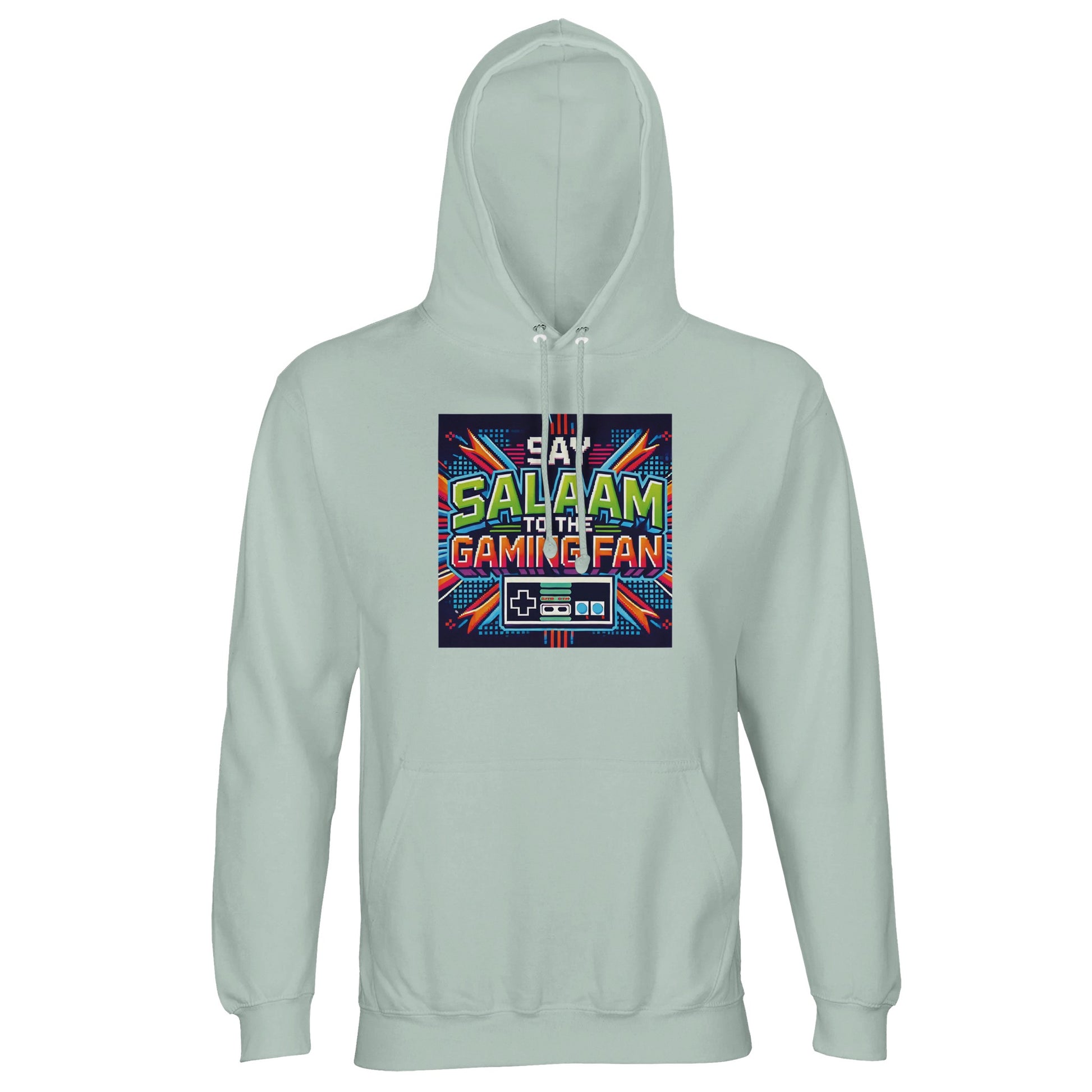 Creamy Green / Greenish Grey Islamic unisex hoodie featuring Say Salaam to the Gaming Fan Design #2. Muslim esports streetwear made from 80% cotton and 20% recycled polyester with brushed fleece lining, 280gsm weight. Sustainable modest hoodie ideal for console gaming, PC tournaments, FIFA nights and Muslim youth esports events. Combines Islamic identity with gaming culture, perfect for streamers and players who greet with salaam and represent faith proudly in gaming spaces.