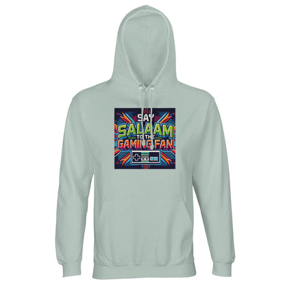 Creamy Green / Greenish Grey Islamic unisex hoodie featuring Say Salaam to the Gaming Fan Design #2. Muslim esports streetwear made from 80% cotton and 20% recycled polyester with brushed fleece lining, 280gsm weight. Sustainable modest hoodie ideal for console gaming, PC tournaments, FIFA nights and Muslim youth esports events. Combines Islamic identity with gaming culture, perfect for streamers and players who greet with salaam and represent faith proudly in gaming spaces.