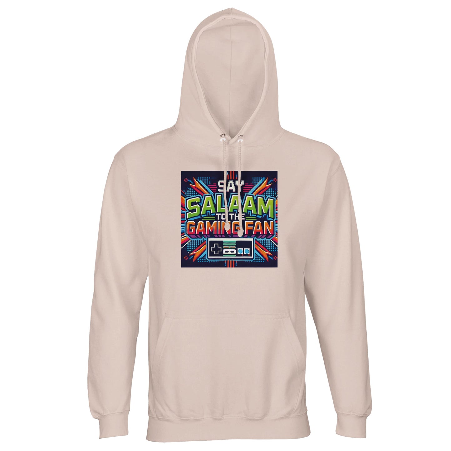 Creamy Pink / Oyster Pink unisex Muslim hoodie with Say Salaam Gaming Fan Design #2 print. Islamic gaming apparel in 80% cotton and 20% recycled polyester, brushed fleece interior and 280gsm substantial feel. Sustainable modest streetwear for esports fans, console players and Muslim gaming communities. Ideal for Twitch streaming, gaming tournaments and youth events. Faith-forward hooded jumper blending salaam culture with modern esports identity.