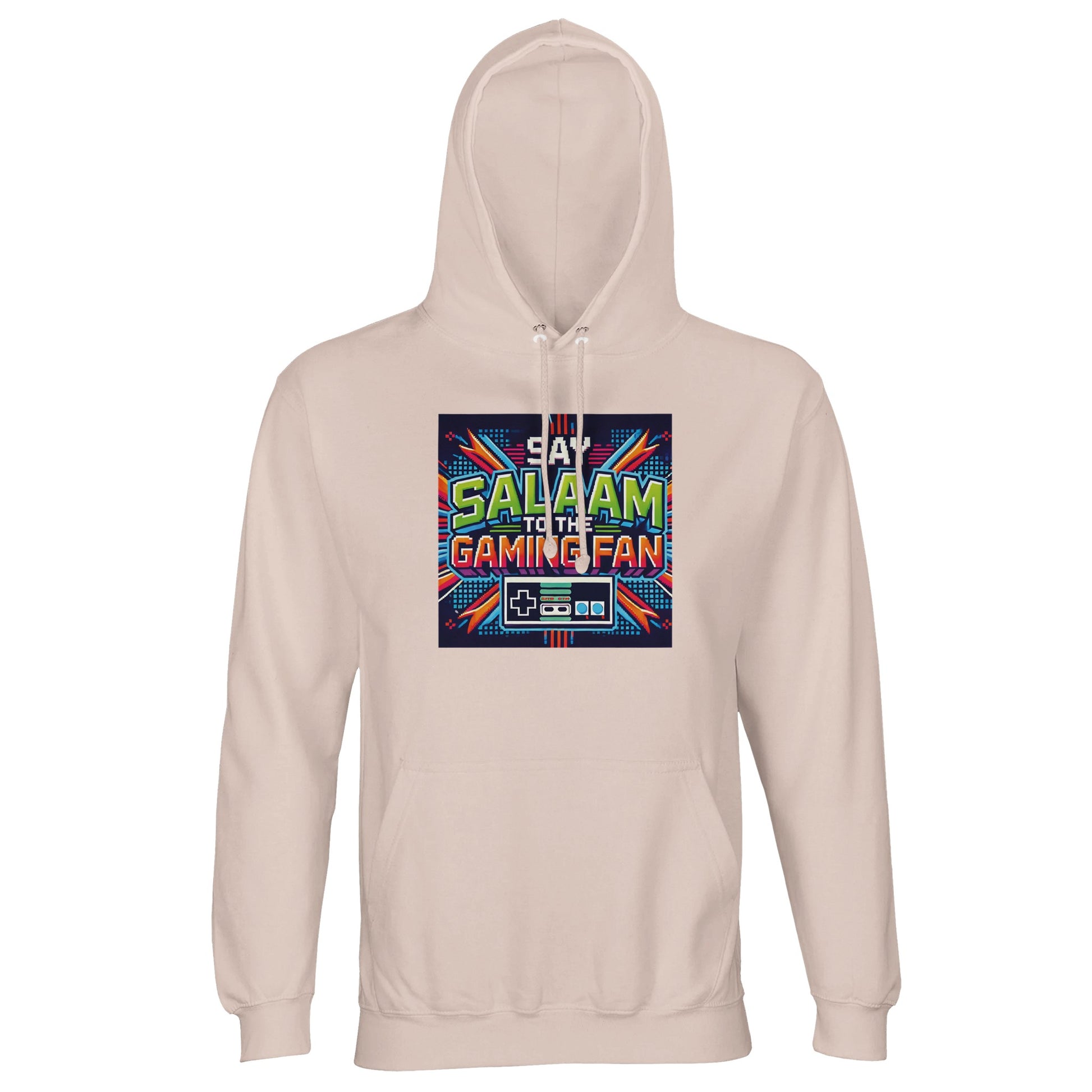 Creamy Pink / Oyster Pink unisex Muslim hoodie with Say Salaam Gaming Fan Design #2 print. Islamic gaming apparel in 80% cotton and 20% recycled polyester, brushed fleece interior and 280gsm substantial feel. Sustainable modest streetwear for esports fans, console players and Muslim gaming communities. Ideal for Twitch streaming, gaming tournaments and youth events. Faith-forward hooded jumper blending salaam culture with modern esports identity.