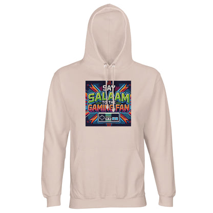 Creamy Pink / Oyster Pink unisex Muslim hoodie with Say Salaam Gaming Fan Design #2 print. Islamic gaming apparel in 80% cotton and 20% recycled polyester, brushed fleece interior and 280gsm substantial feel. Sustainable modest streetwear for esports fans, console players and Muslim gaming communities. Ideal for Twitch streaming, gaming tournaments and youth events. Faith-forward hooded jumper blending salaam culture with modern esports identity.